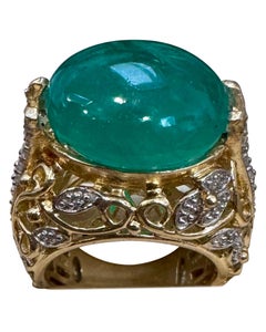 9.7 Carat Zambian Emerald  Cabochon + Diamond Cocktail Ring 14 Karat Yellow Gold