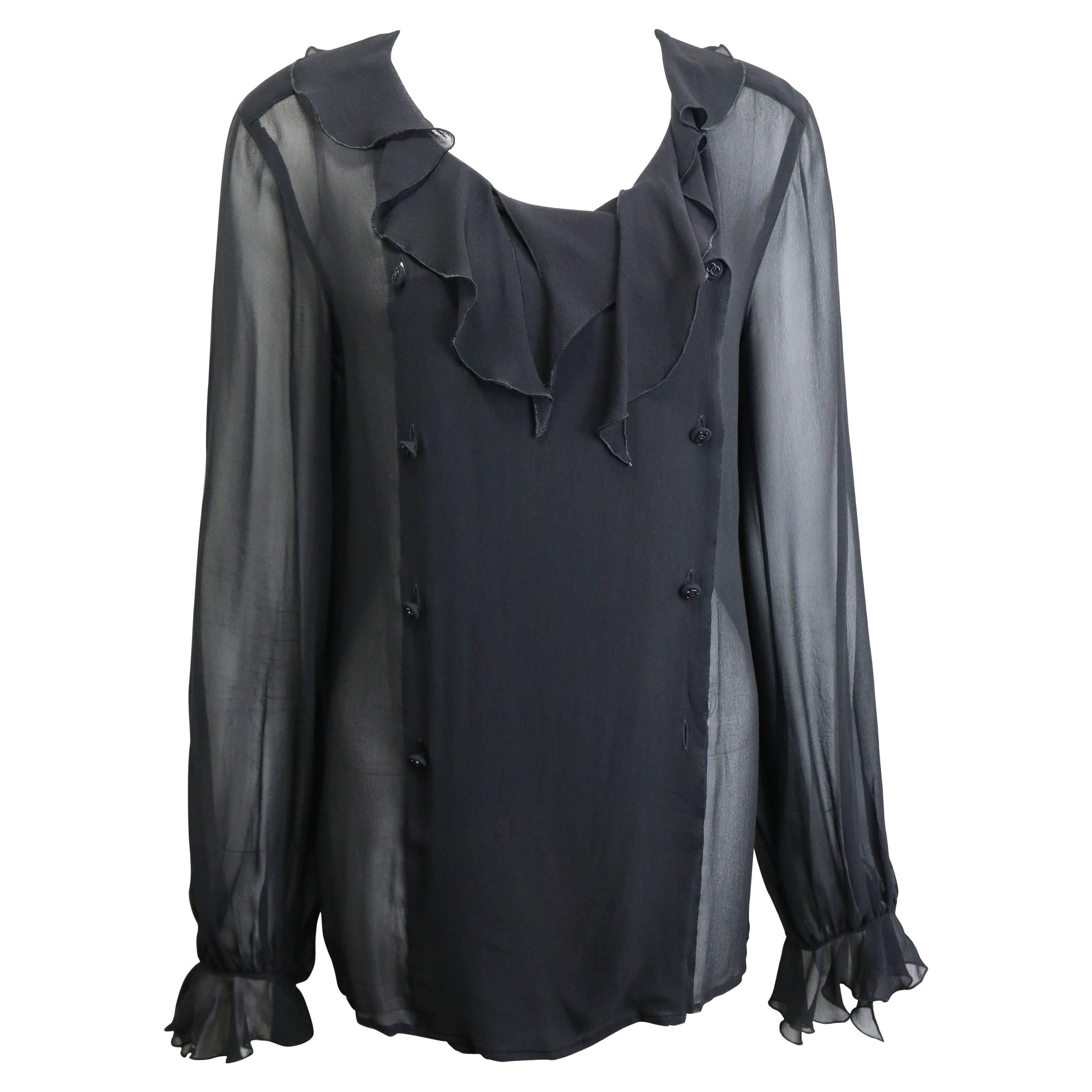 97 Chanel Black Silk Lace Double Breasted Ruffle Blouse