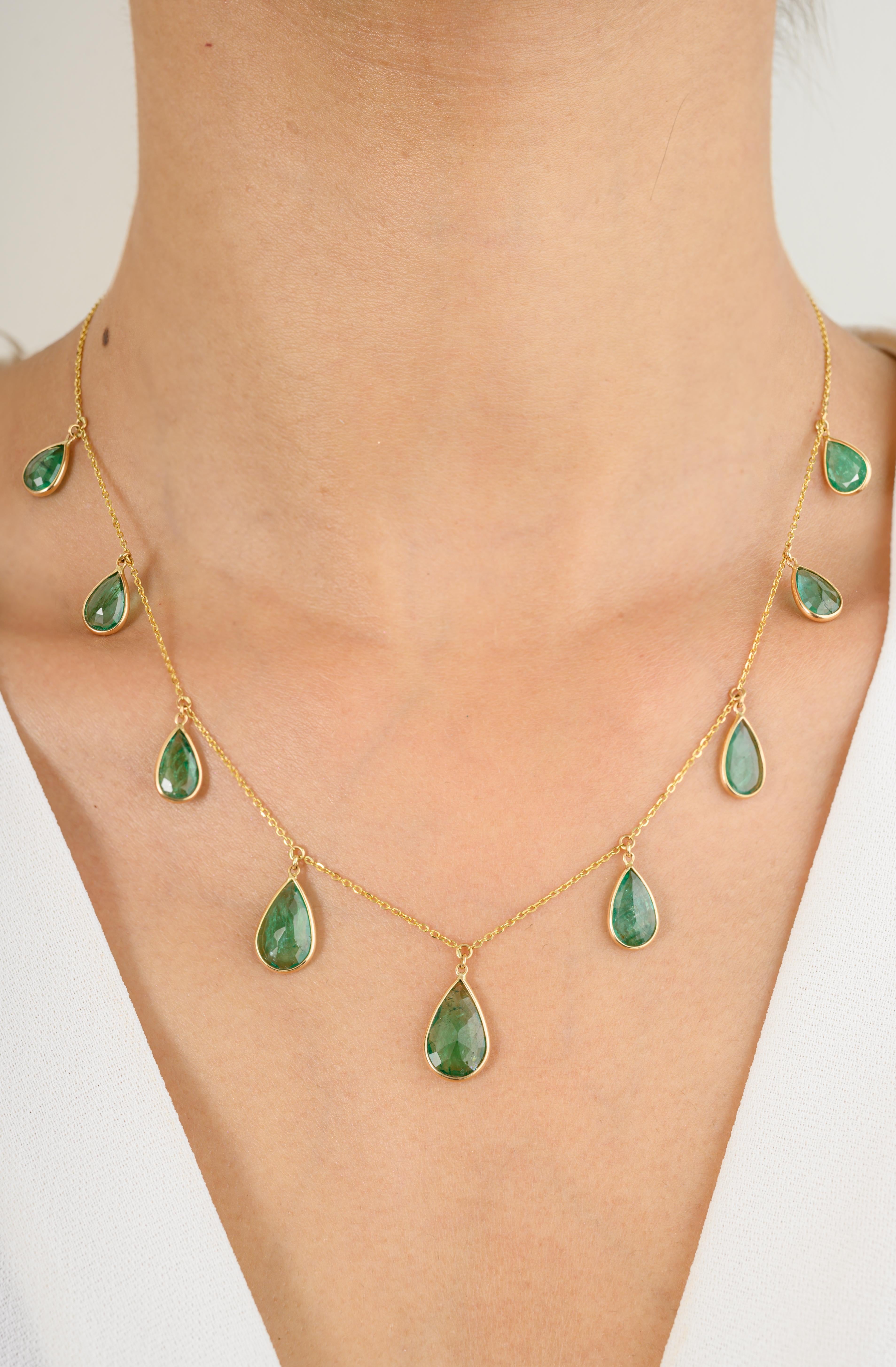 9.7 CTW Deep Green Emerald Charm Chain Necklace Birthday Gift in 18K Gold studded with pear cut emerald. This stunning piece of jewelry instantly elevates a casual look or dressy outfit. 
Emerald enhances the intellectual capacity.
Designed with