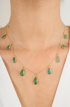 9.7 CTW Deep Green Emerald Charm Chain Necklace Birthday Gift in 18k Yellow Gold