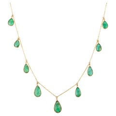 9.7 CTW Deep Green Emerald Charm Chain Necklace Birthday Gift in 18k Yellow Gold