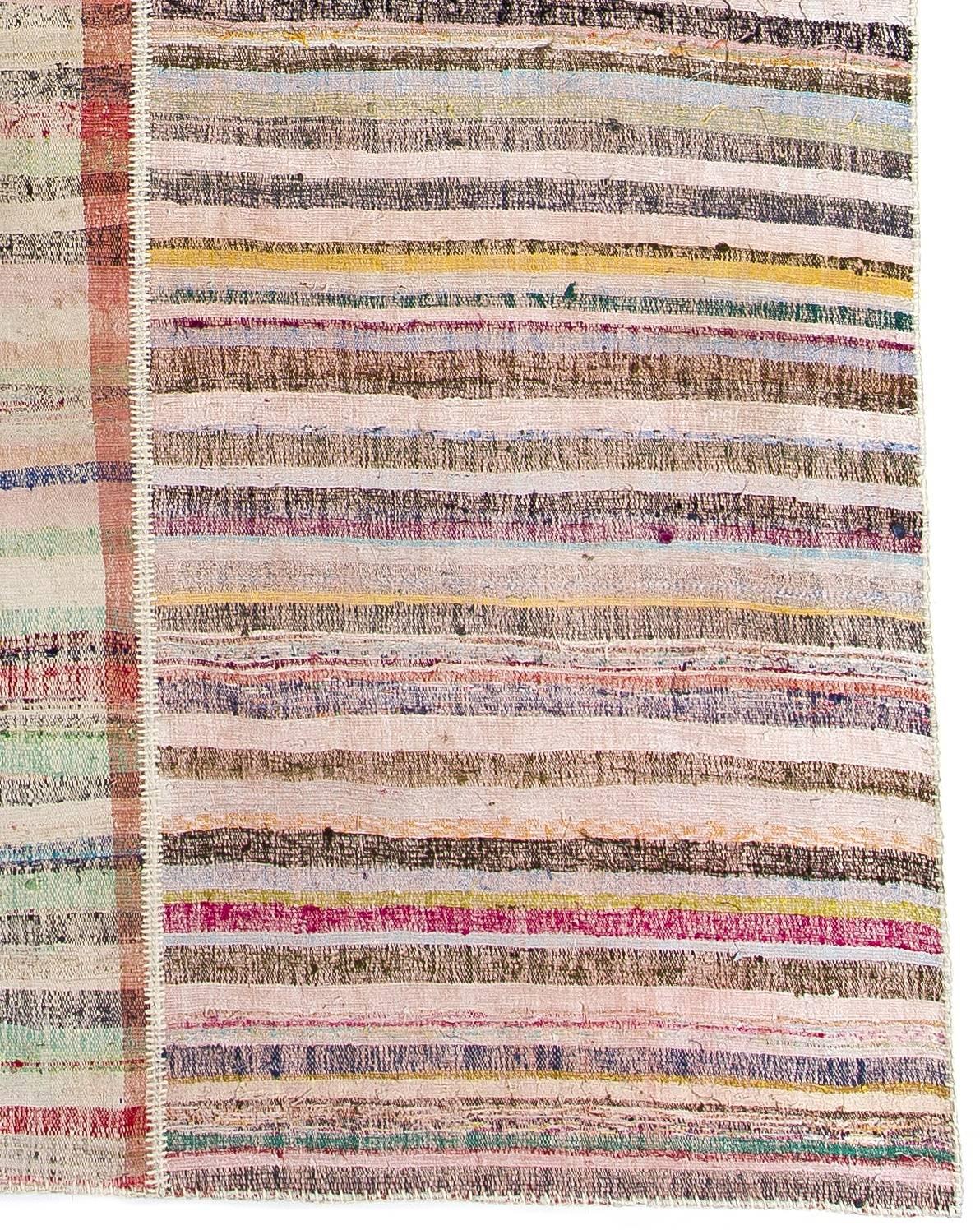 Modern 9.8x14.3 Ft Vintage Cotton Kilim with Pastel Colored Stripes, Turkish Rag Rug For Sale
