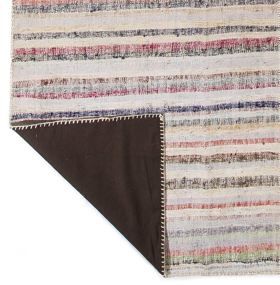 Hand-Woven 9.8x14.3 Ft Vintage Cotton Kilim with Pastel Colored Stripes, Turkish Rag Rug For Sale
