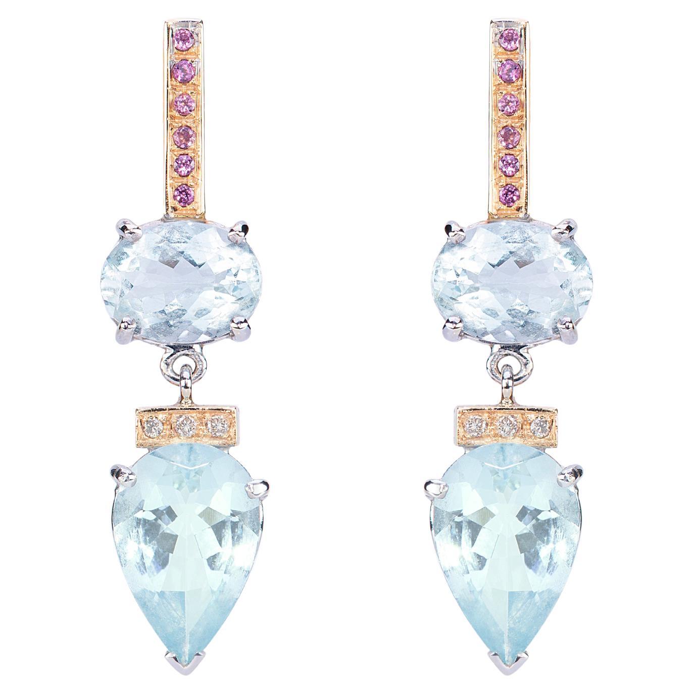 Rossella Ugolini 9.70 Carat Aquamarine 18K Gold Sapphire Diamond Dangle Earrings For Sale