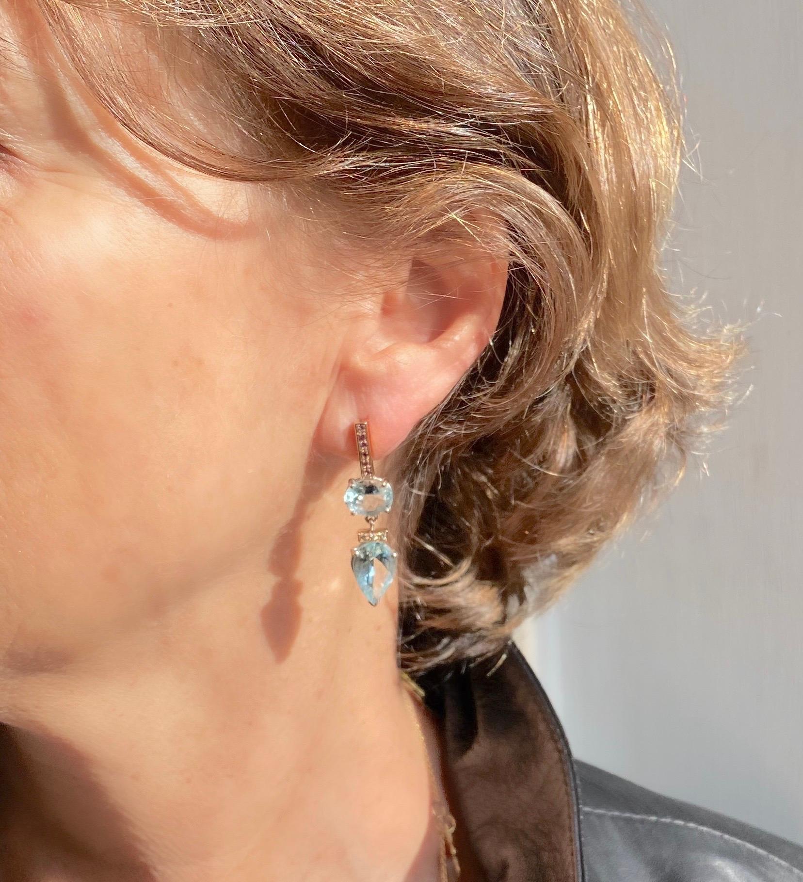 Rossella Ugolini 9.70 Carat Aquamarine 18K Gold Sapphire Diamond Dangle Earrings For Sale 2