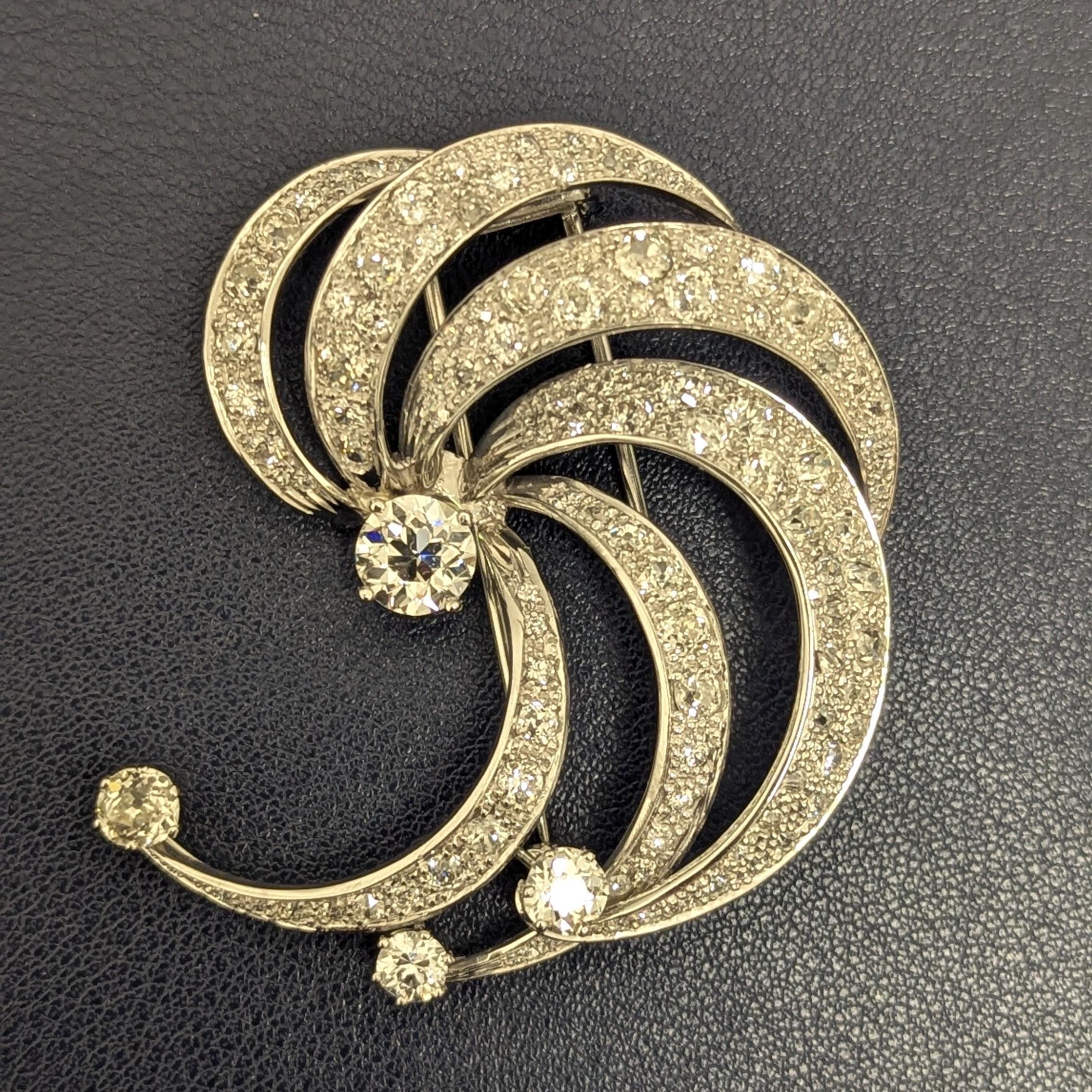 Old European Cut 9.70 Carat Diamond Swirl 18K White Gold Brooch, circa 1950 For Sale