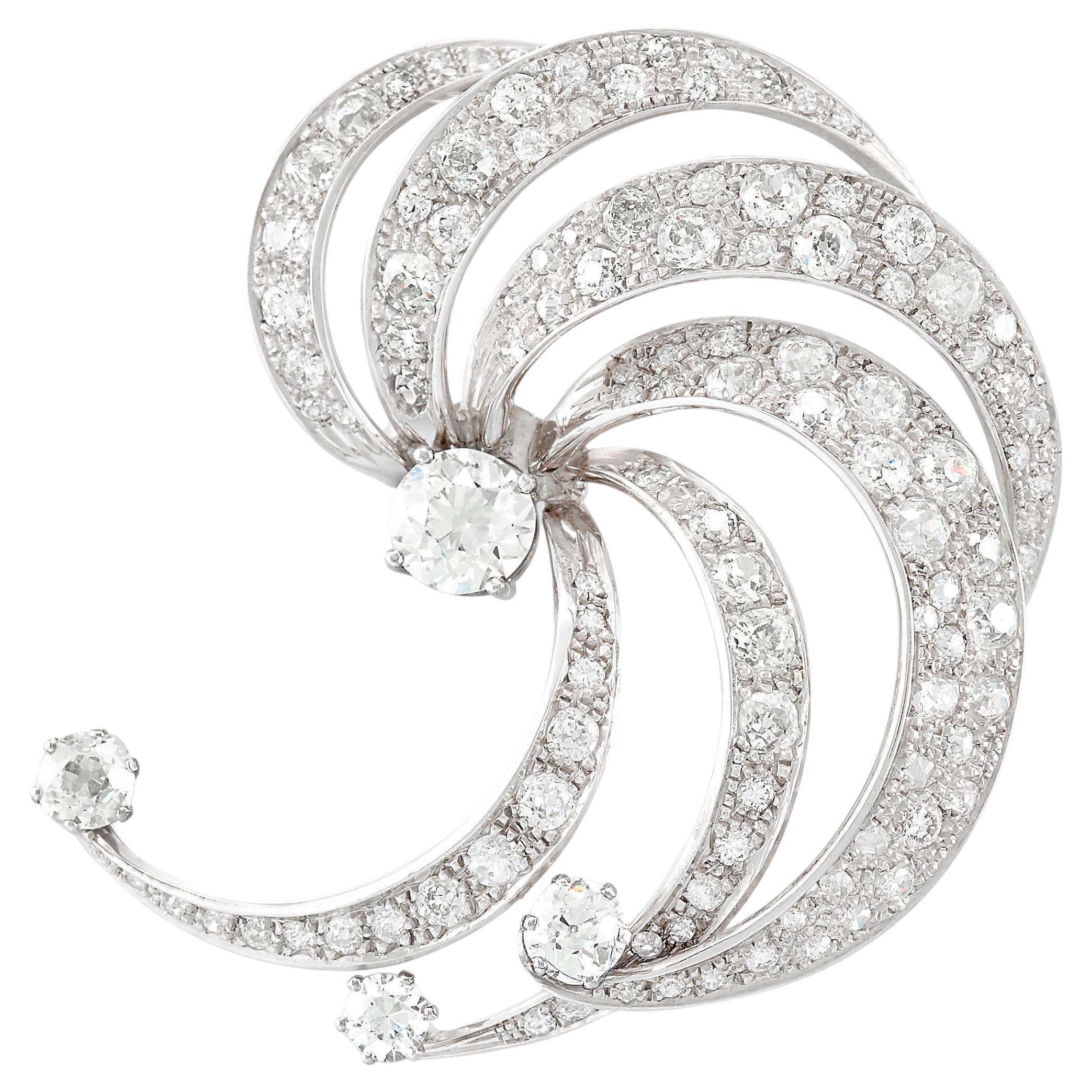 9.70 Carat Diamond Swirl 18K White Gold Brooch, circa 1950