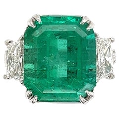 Retro 9.70 Carat GIA Colombian Emerald and Diamond Platinum Ring Estate Fine Jewelry