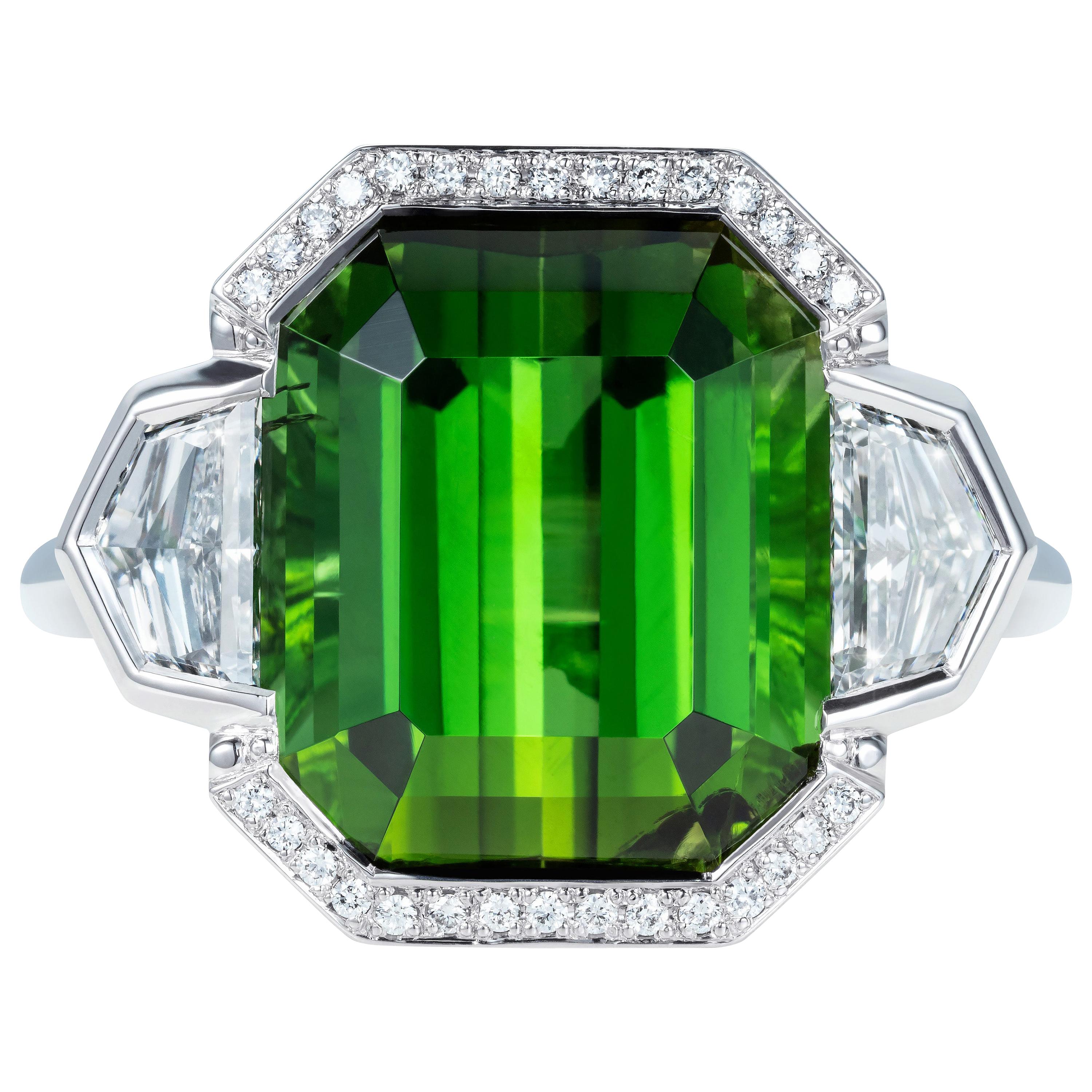 Marcel Salloum 9.7 Ct Green Tourmaline Diamond Three Stone Ring in 18 Kt Gold For Sale