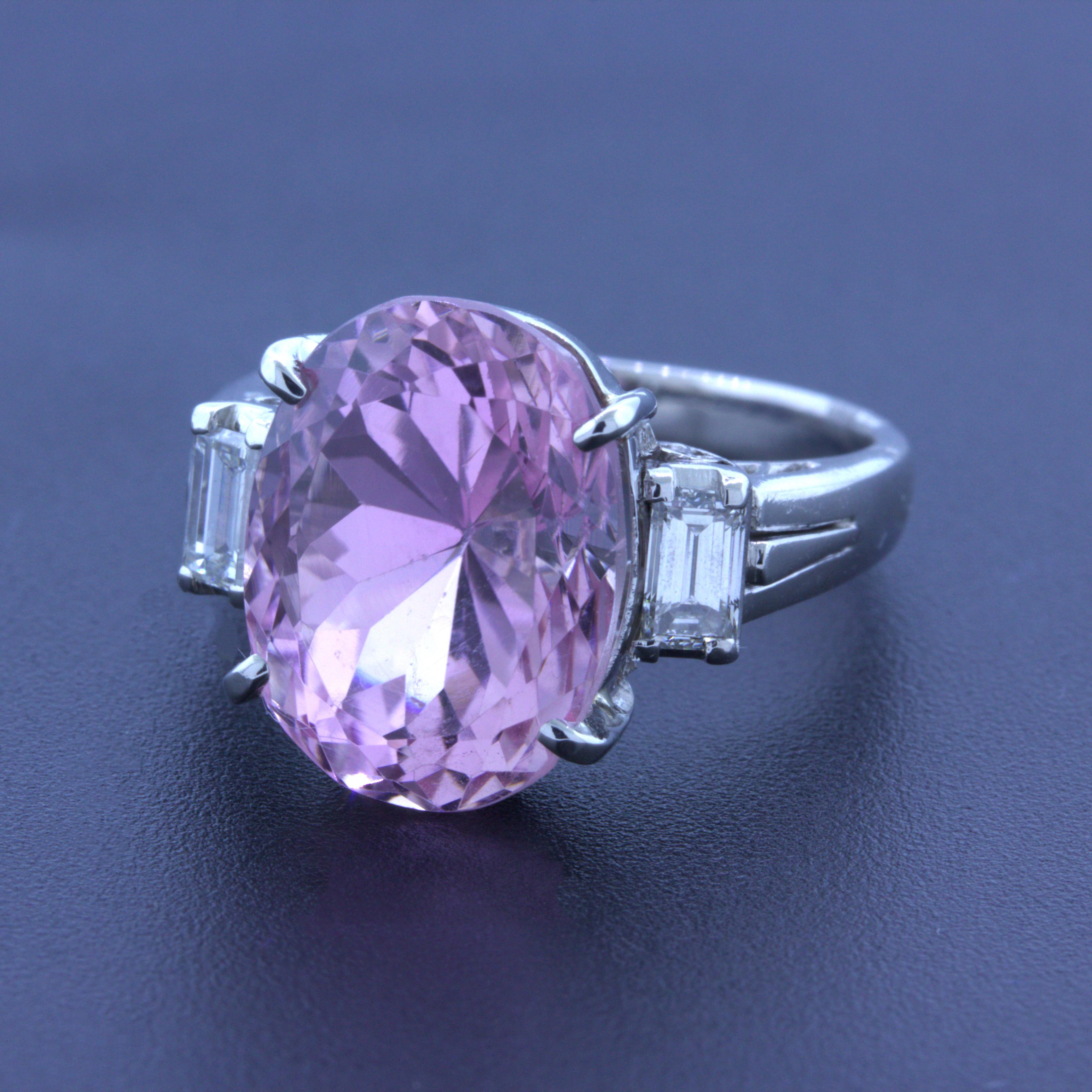 Oval Cut 9.70 Carat Kunzite Diamond 3-Stone Platinum Ring For Sale