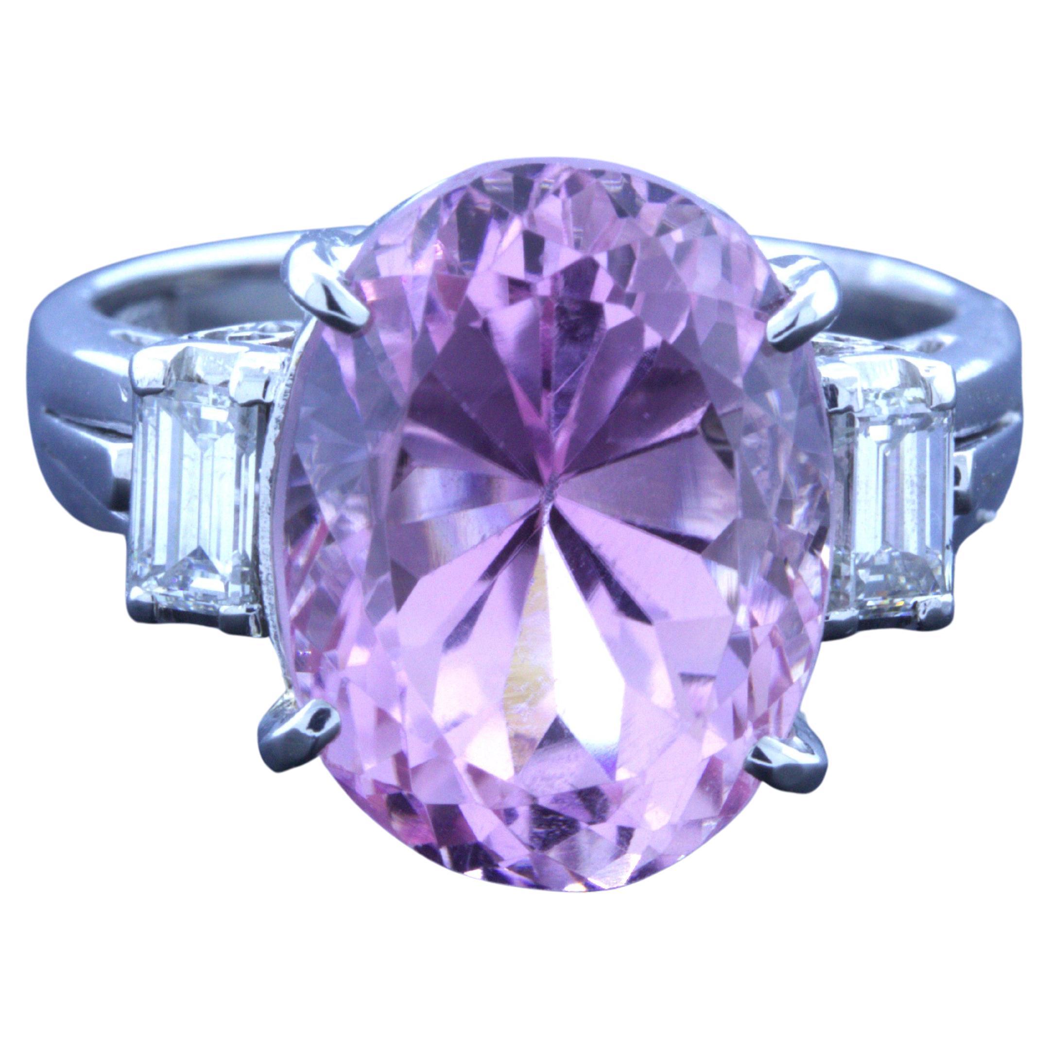 9.70 Carat Kunzite Diamond 3-Stone Platinum Ring For Sale