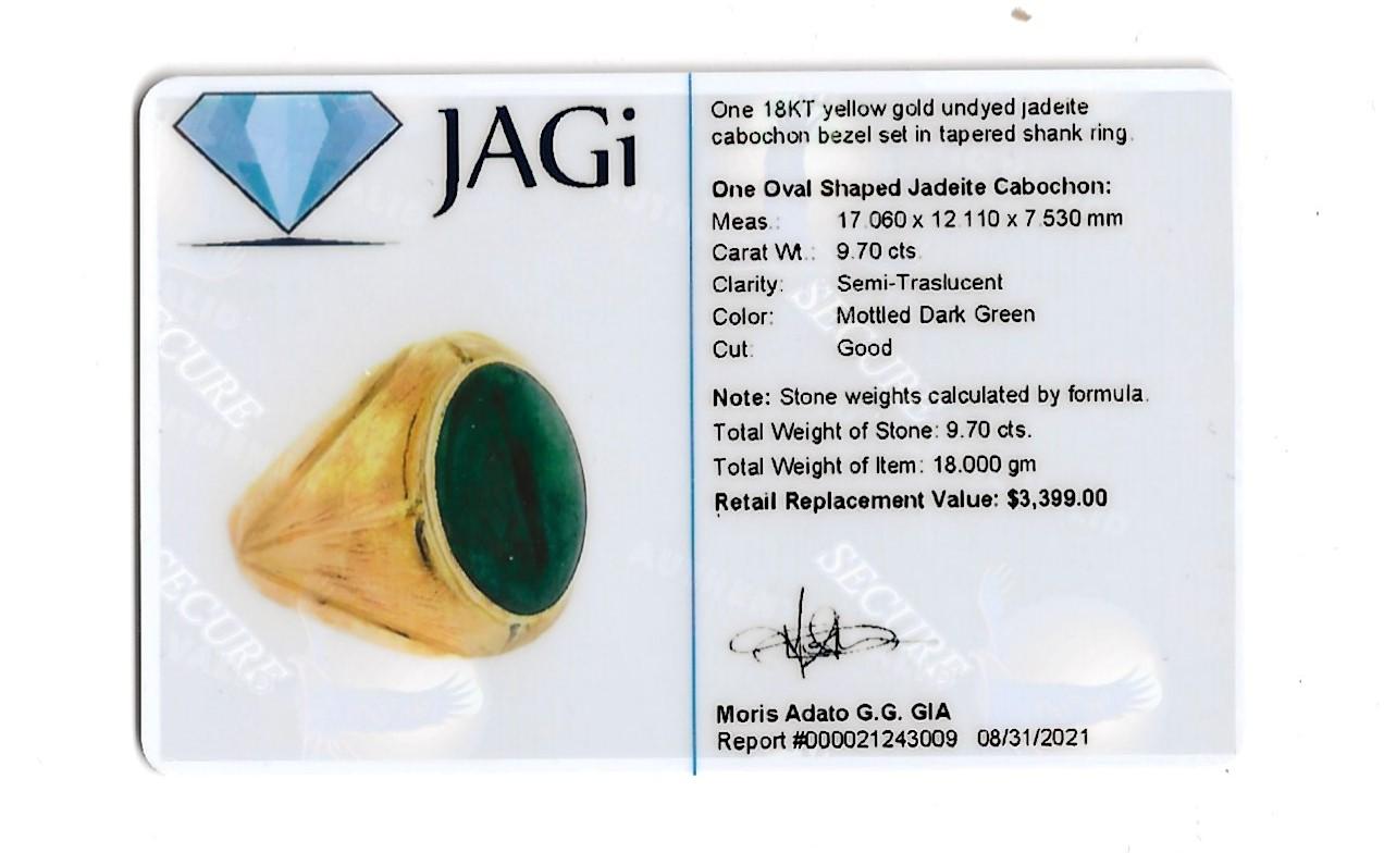 9.70 Carat Solitaire Oval Cabochon Jadeite Men's Ring in 18 Karat Yellow Gold 7