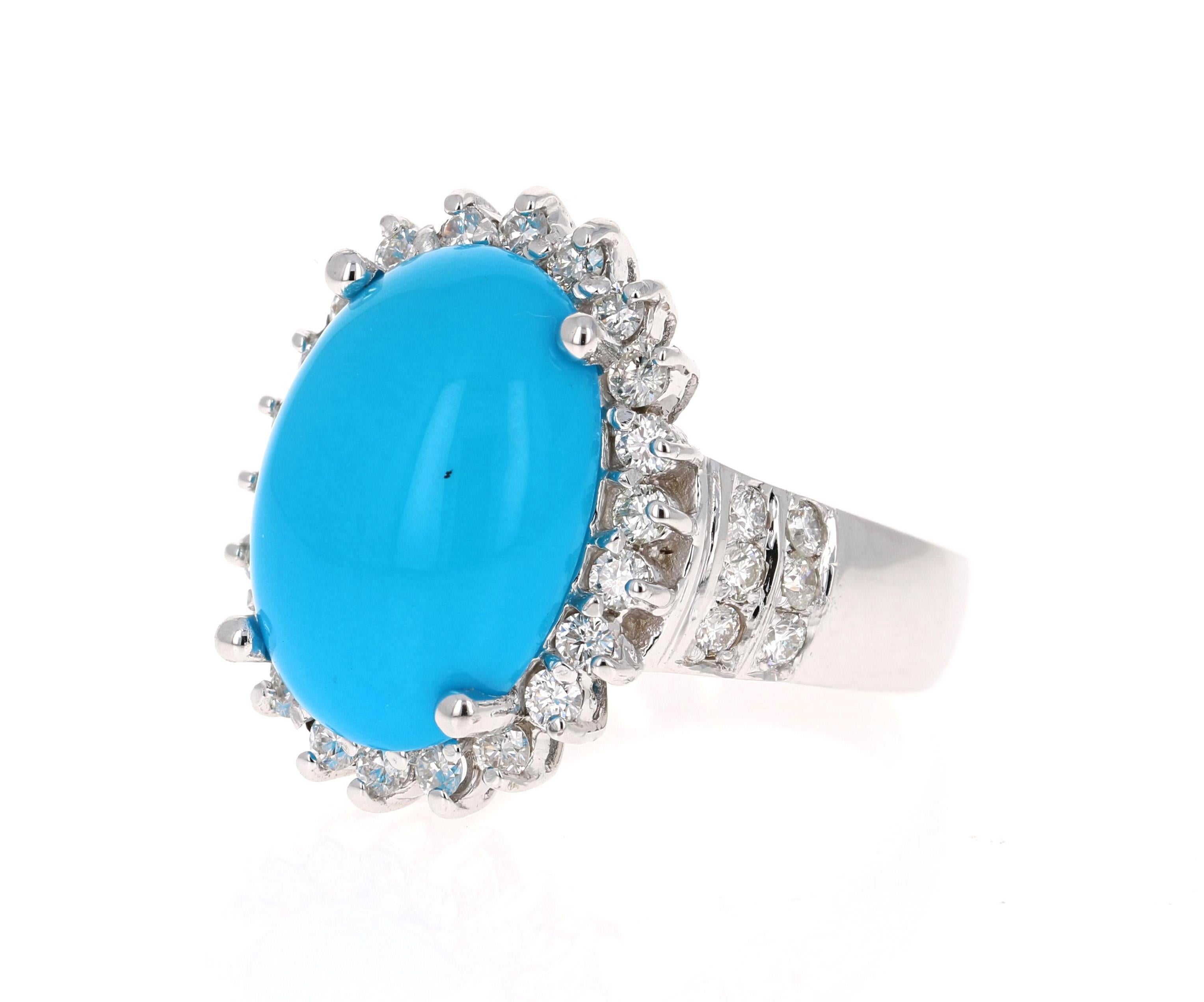 The Oval Cut Turquoise is 8.55 Carats and is surrounded by a Halo of beautifully set diamonds. 
There are 36 Round Cut Diamonds that weigh 1.15 Carats (Clarity: SI2, Color: F).
The total carat weight of the ring is 9.70 Carats. 
The ring is crafted