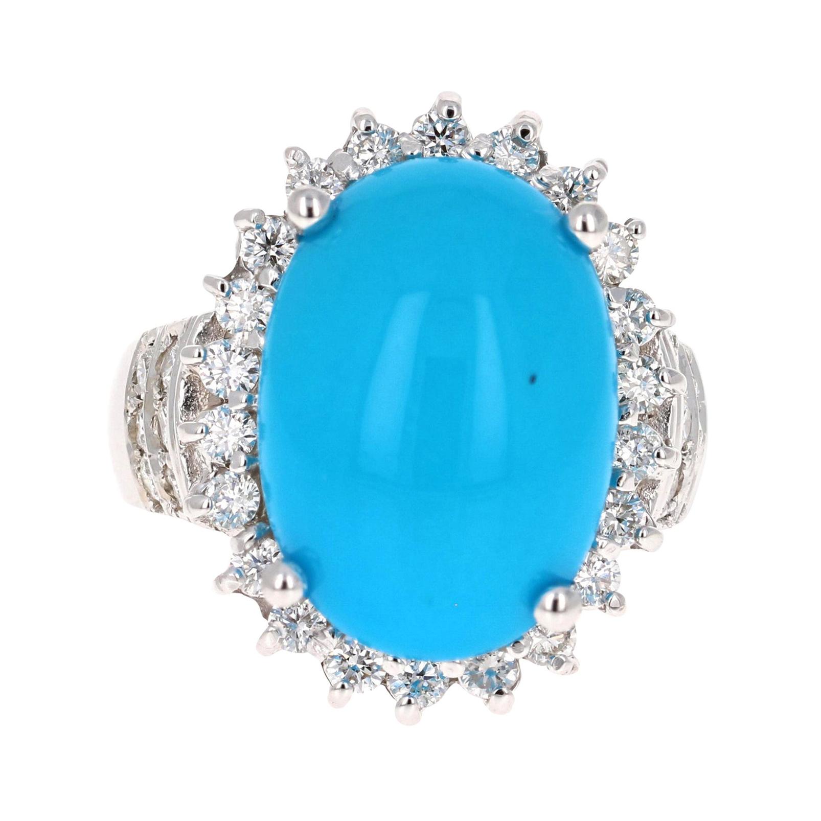 Bague cocktail en or blanc 14 carats avec turquoise de 9,70 carats et diamants