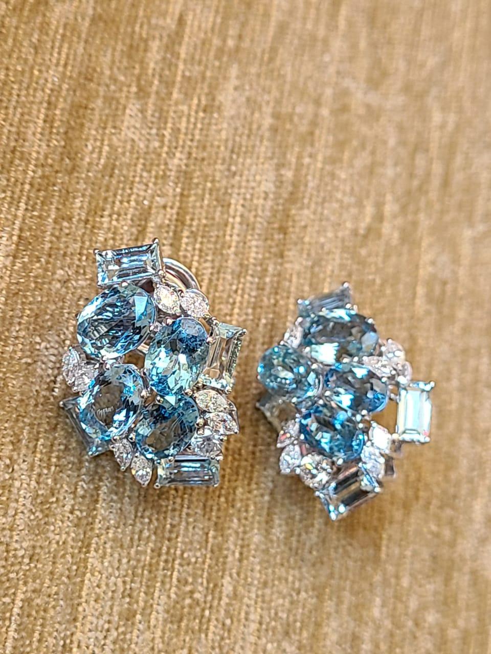 Oval Cut 9.70 carats, natural Aquamarine & Diamonds Stud/ Lever - Back Earrings
