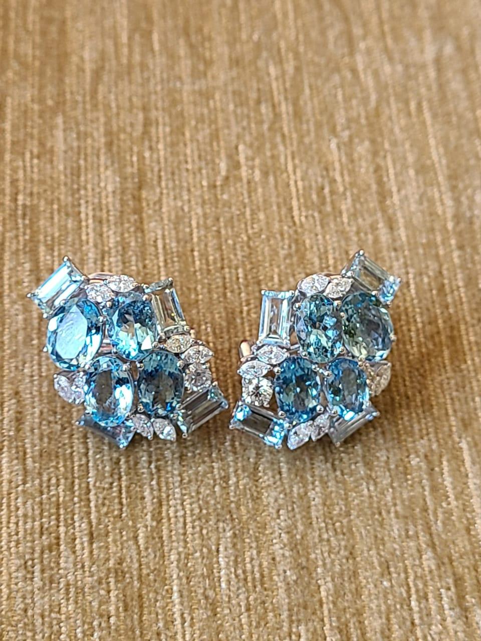 9.70 carats, natural Aquamarine & Diamonds Stud/ Lever - Back Earrings In New Condition In Hong Kong, HK