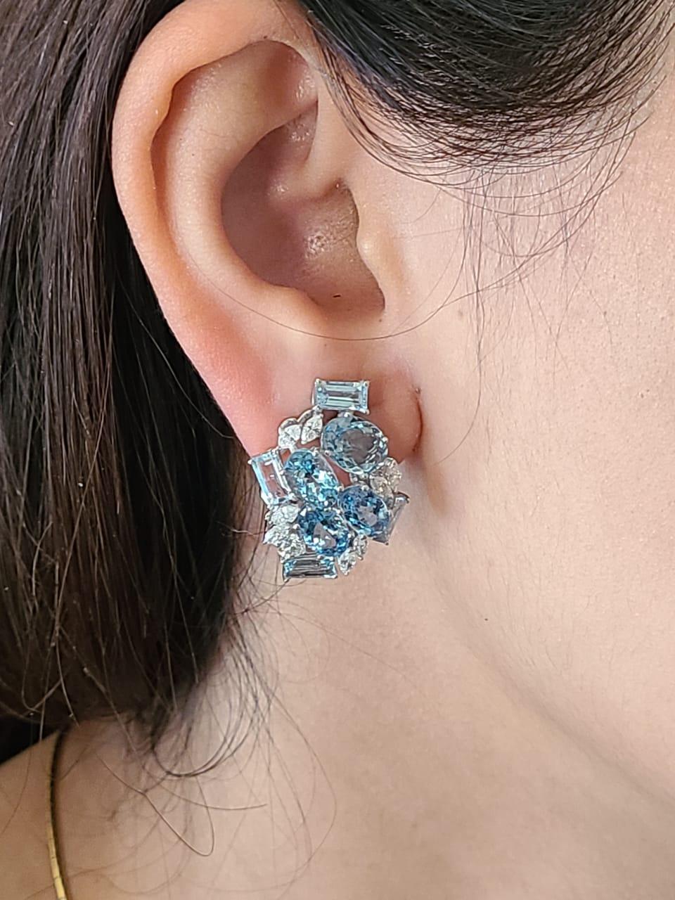 9.70 carats, natural Aquamarine & Diamonds Stud/ Lever - Back Earrings 2