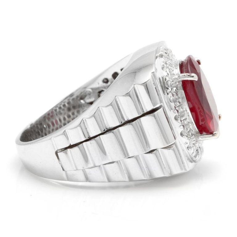 Emerald Cut 9.70 Carat Natural Diamond and Ruby 14 Karat Solid White Gold Men's Ring For Sale