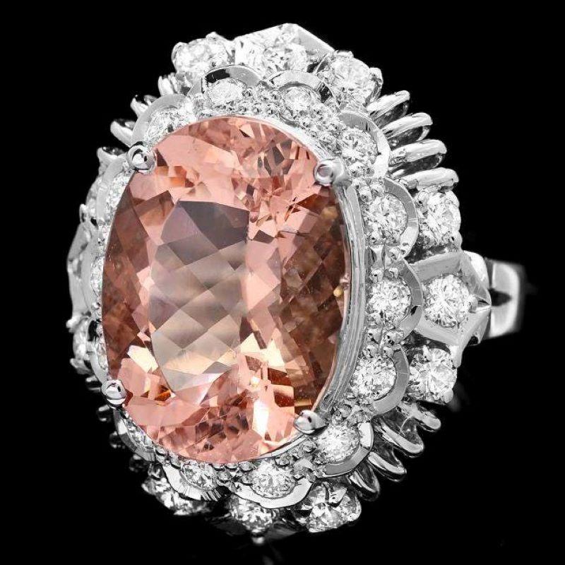 Mixed Cut 9.70 Carats Natural Morganite and Diamond 14K Solid White Gold Ring For Sale