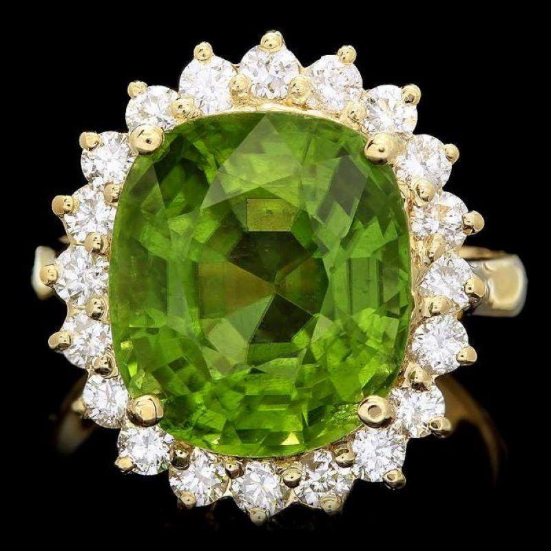 Mixed Cut 9.70 Carats Natural Peridot and Diamond 14K Solid Yellow Gold Ring For Sale