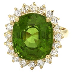 14 Karat massiver Gelbgold Ring mit 9,70 Karat natürlichem Peridot und Diamant