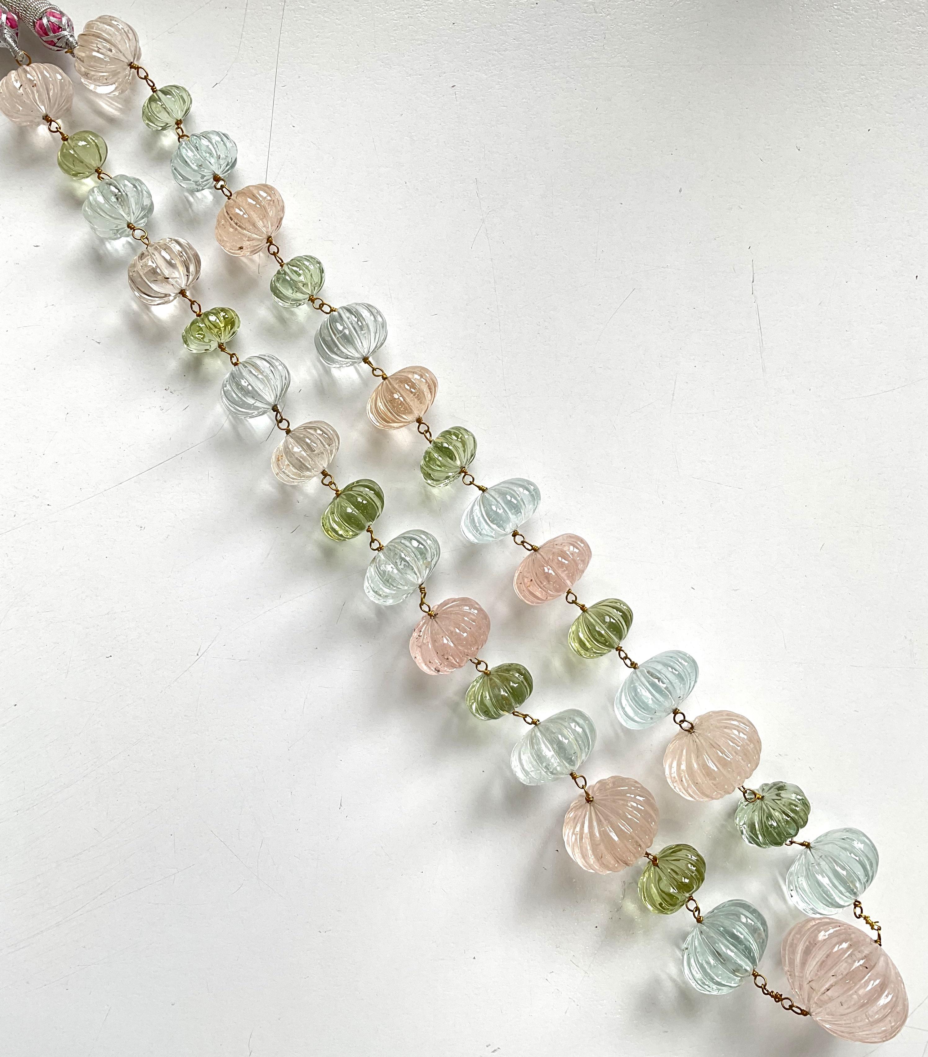 Bead 970.00 carats aquamarine & morganite melon carved bead natural gemstone For Sale