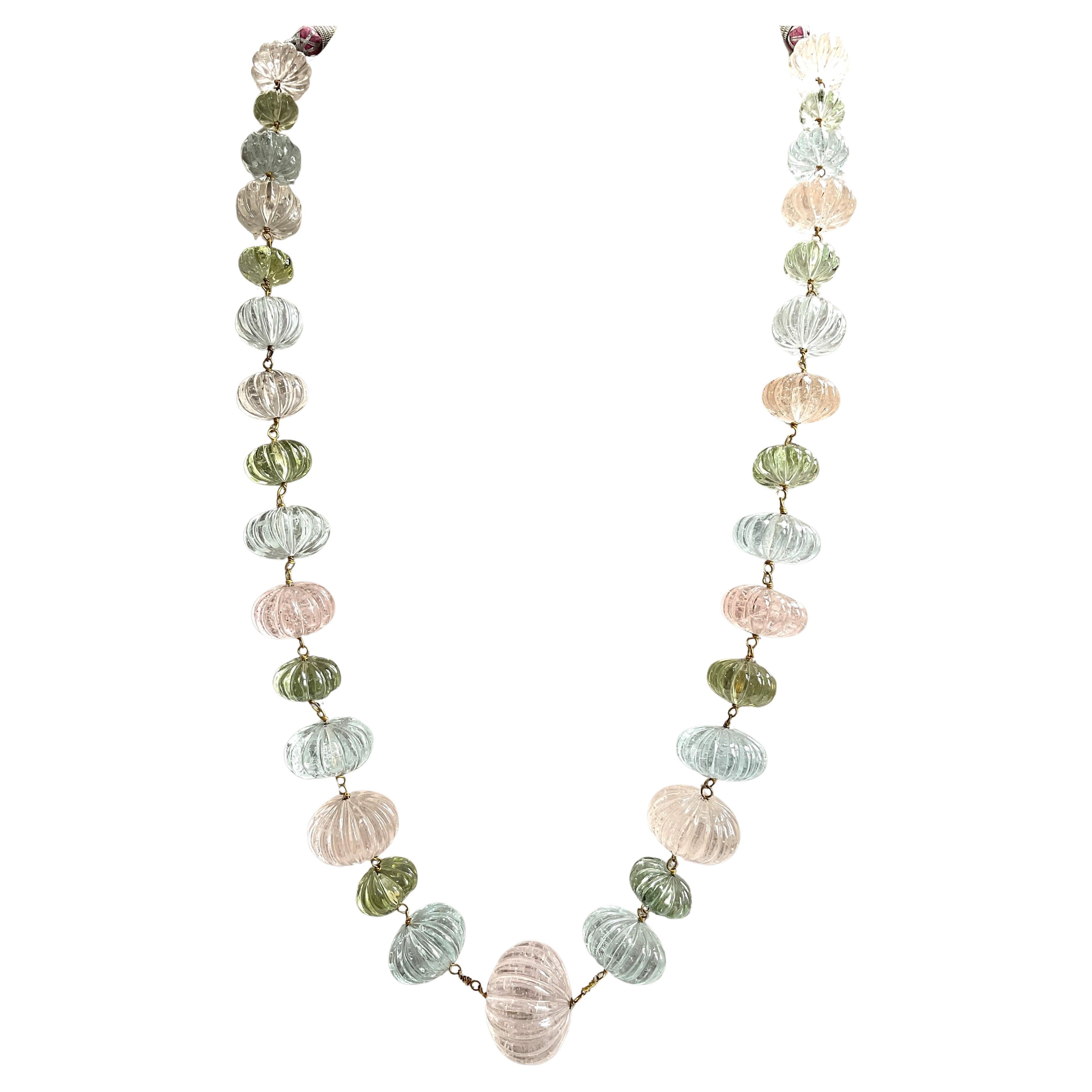 970.00 carats aquamarine & morganite melon carved bead natural gemstone