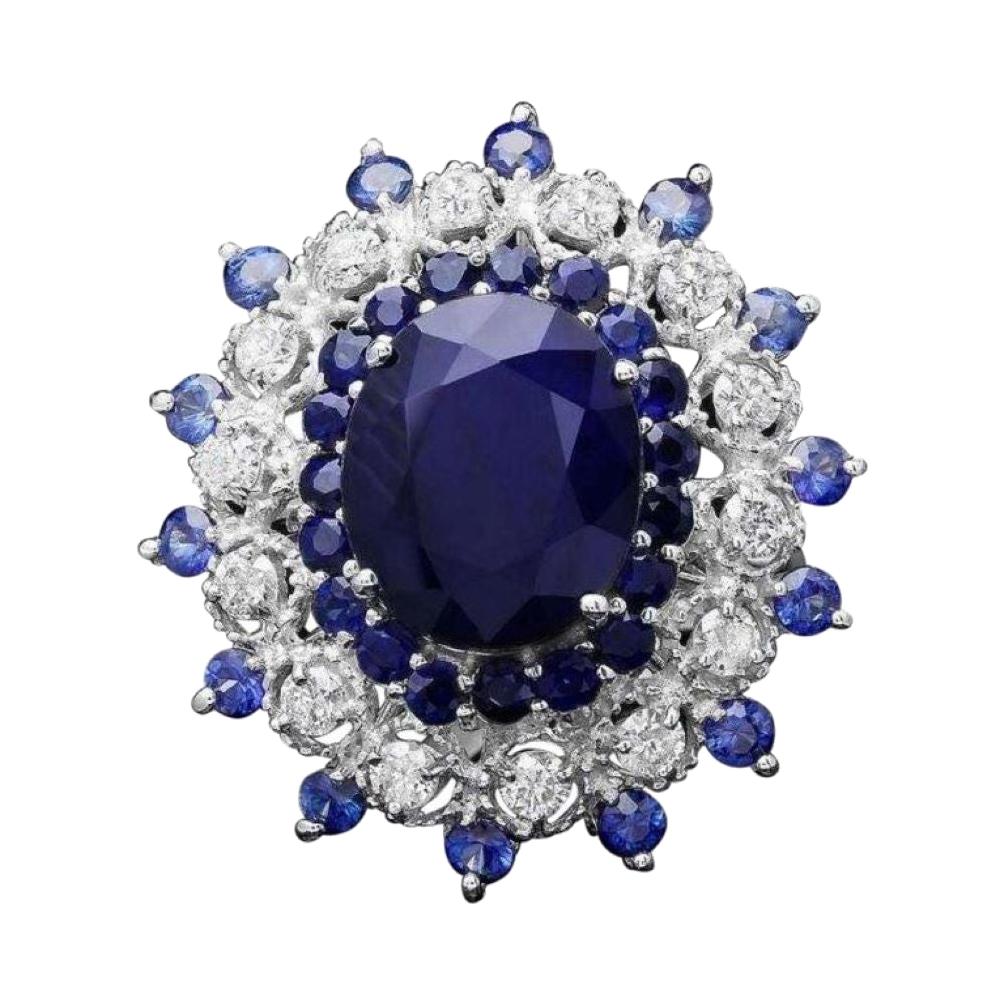 9.70ct Natural Blue Sapphire & Diamond 14k Solid White Gold Ring For Sale