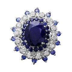14 Karat massiver Weißgold Ring mit 9,70 Karat natürlichem blauen Saphir und Diamant