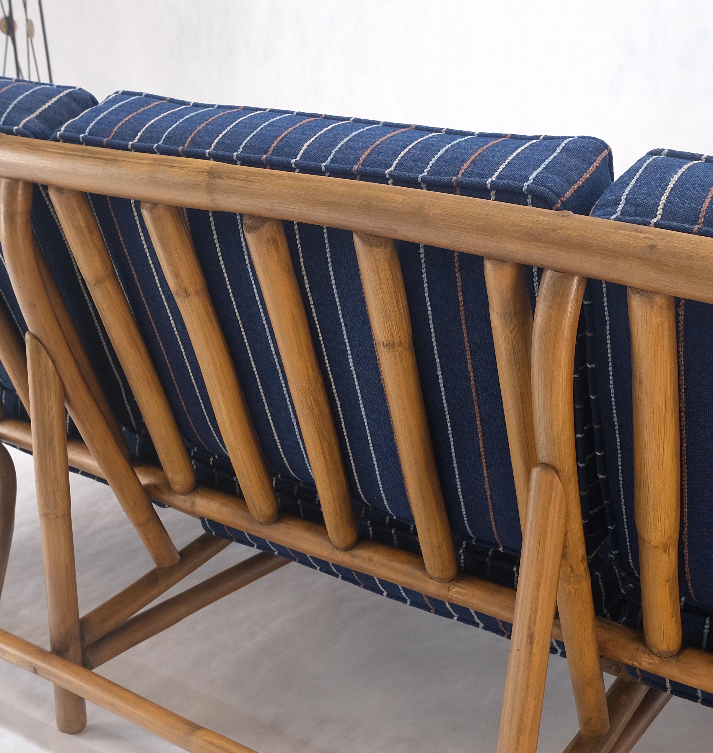 !970s Striped Blue Upholstery Bamboo Frame Mid Century Modern Sofa MINT! For Sale 4