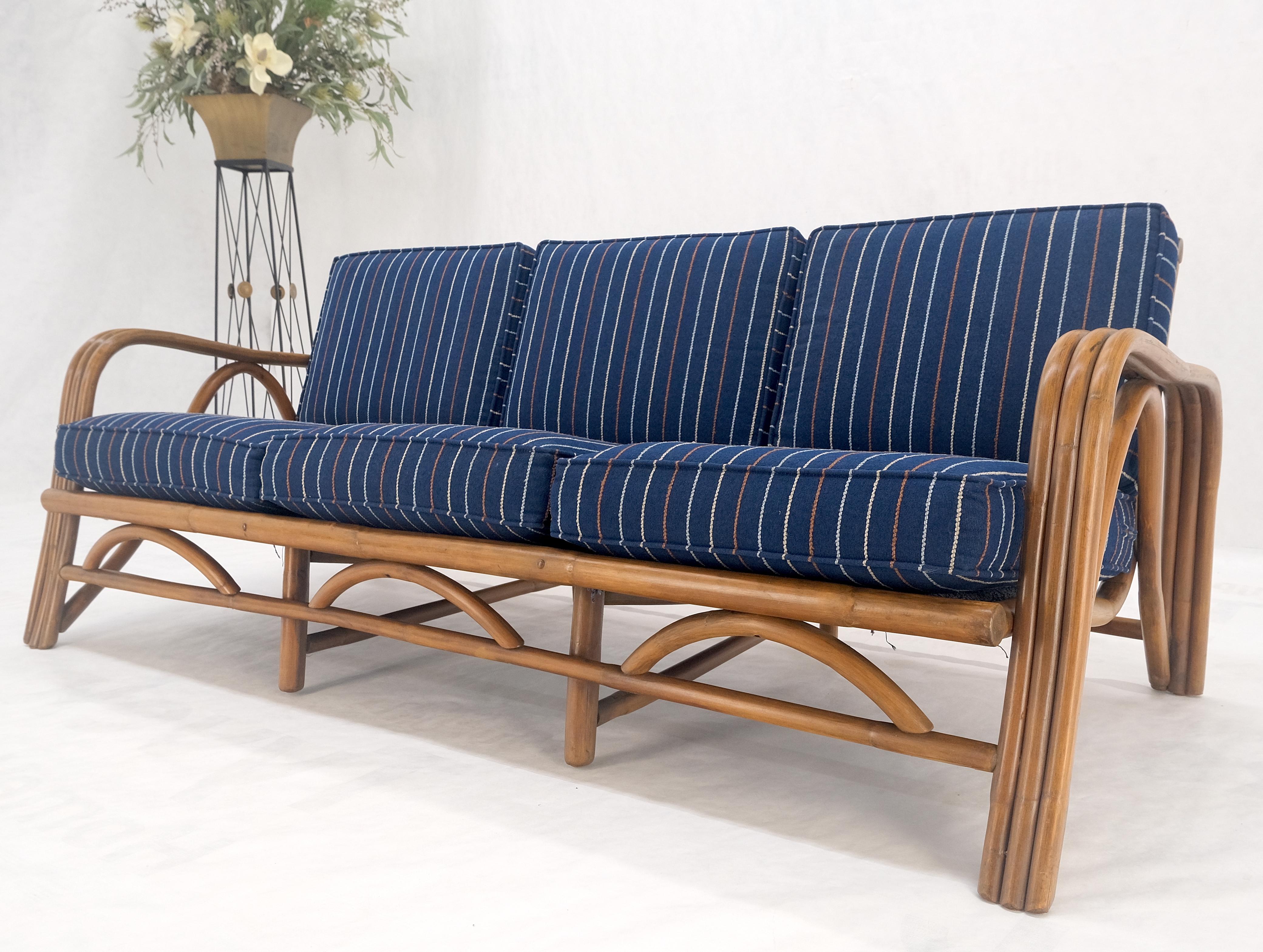 !970s Striped Blue Upholstery Bamboo Frame Mid Century Modern Sofa MINT! For Sale 6