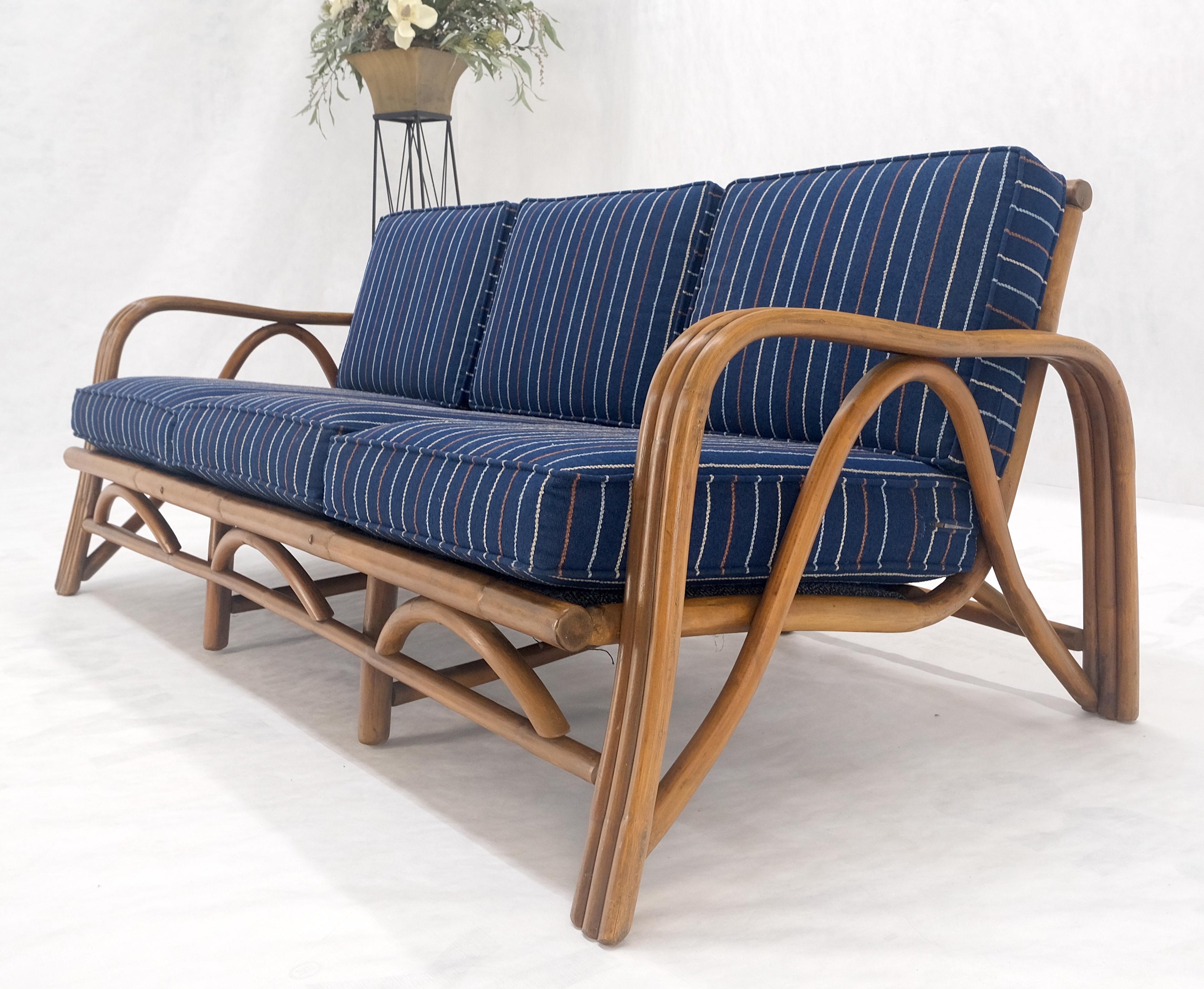 !970s Striped Blue Upholstery Bamboo Frame Mid Century Modern Sofa MINT! For Sale 7