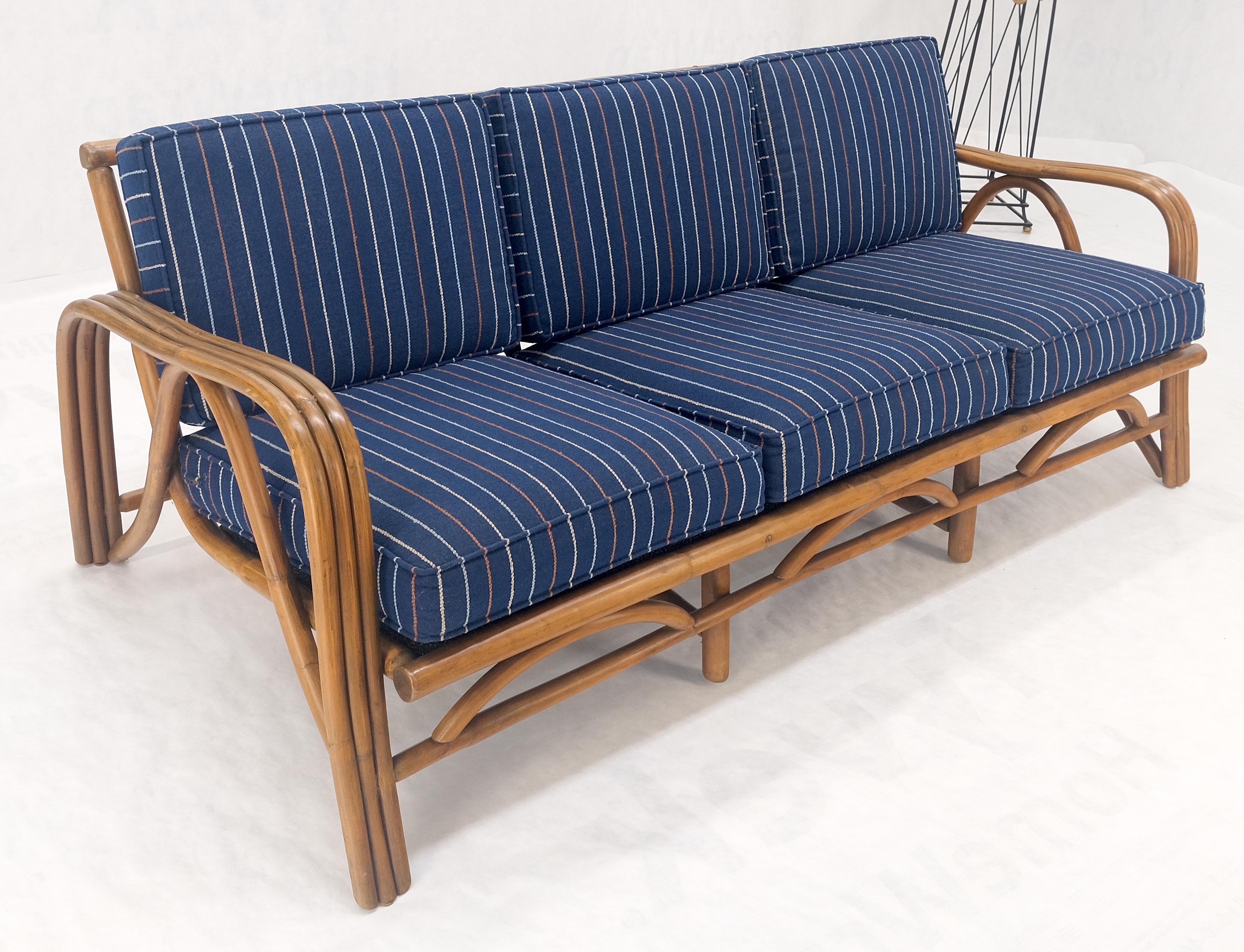 !970s Striped Blue Upholstery Bamboo Frame Mid Century Modern Sofa MINT! For Sale 8