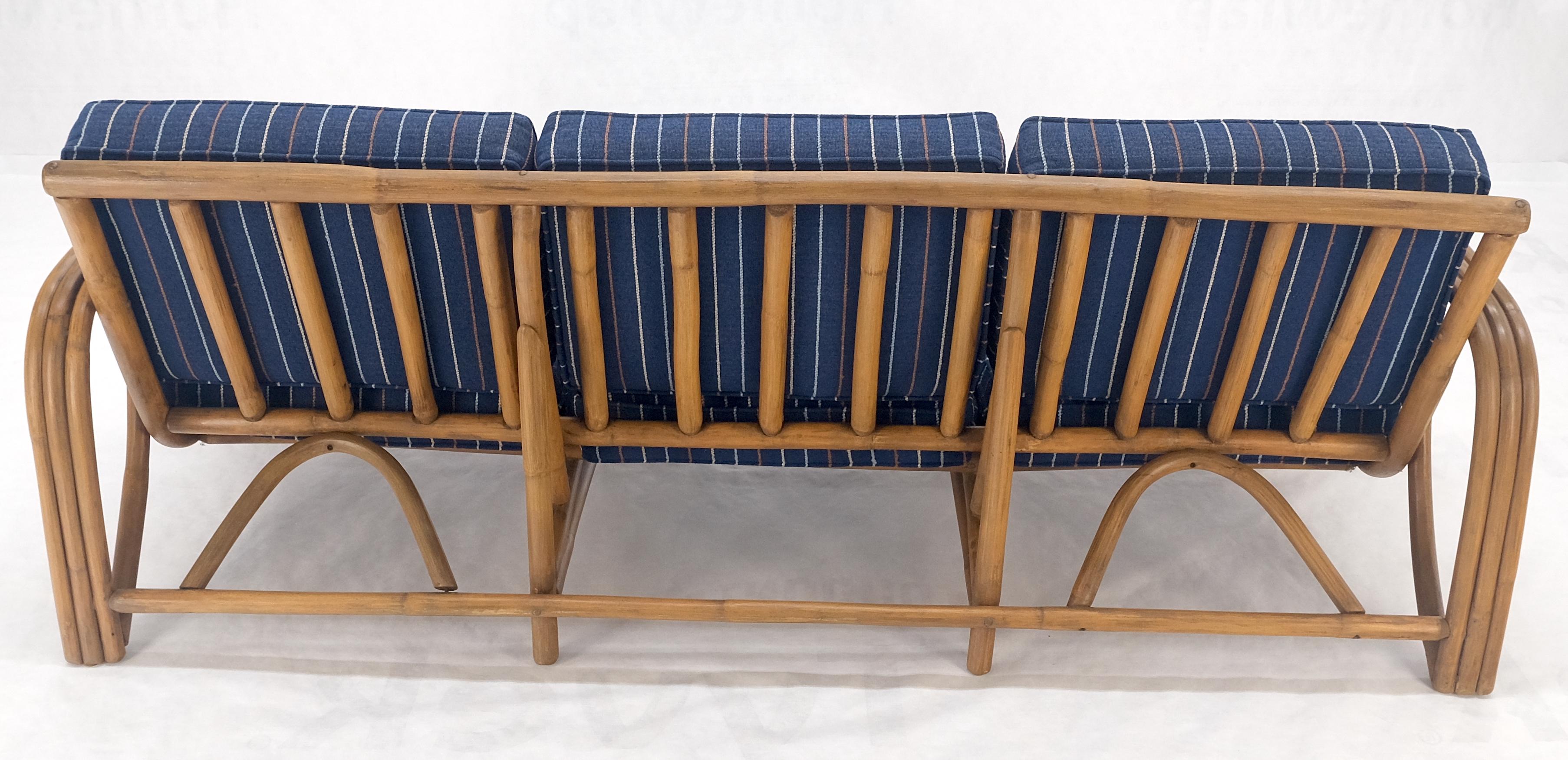!970s Striped Blue Upholstery Bamboo Frame Mid Century Modern Sofa MINT! For Sale 9