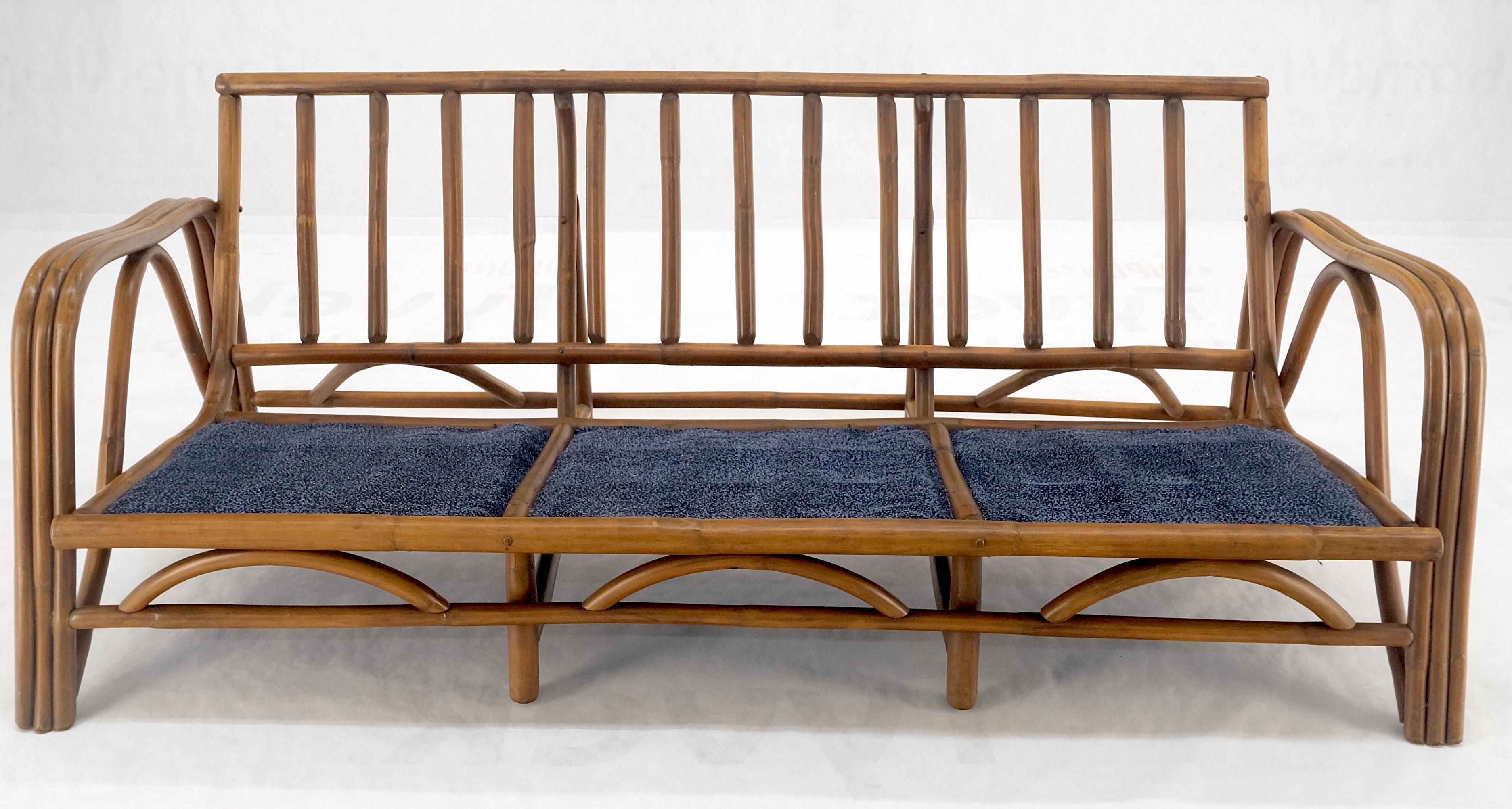 !970s Striped Blue Upholstery Bamboo Frame Mid Century Modern Sofa MINT! For Sale 10