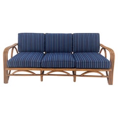 1970s Striped Blue Upholstery Bamboo Frame Mid Century Modern Sofa MINT!