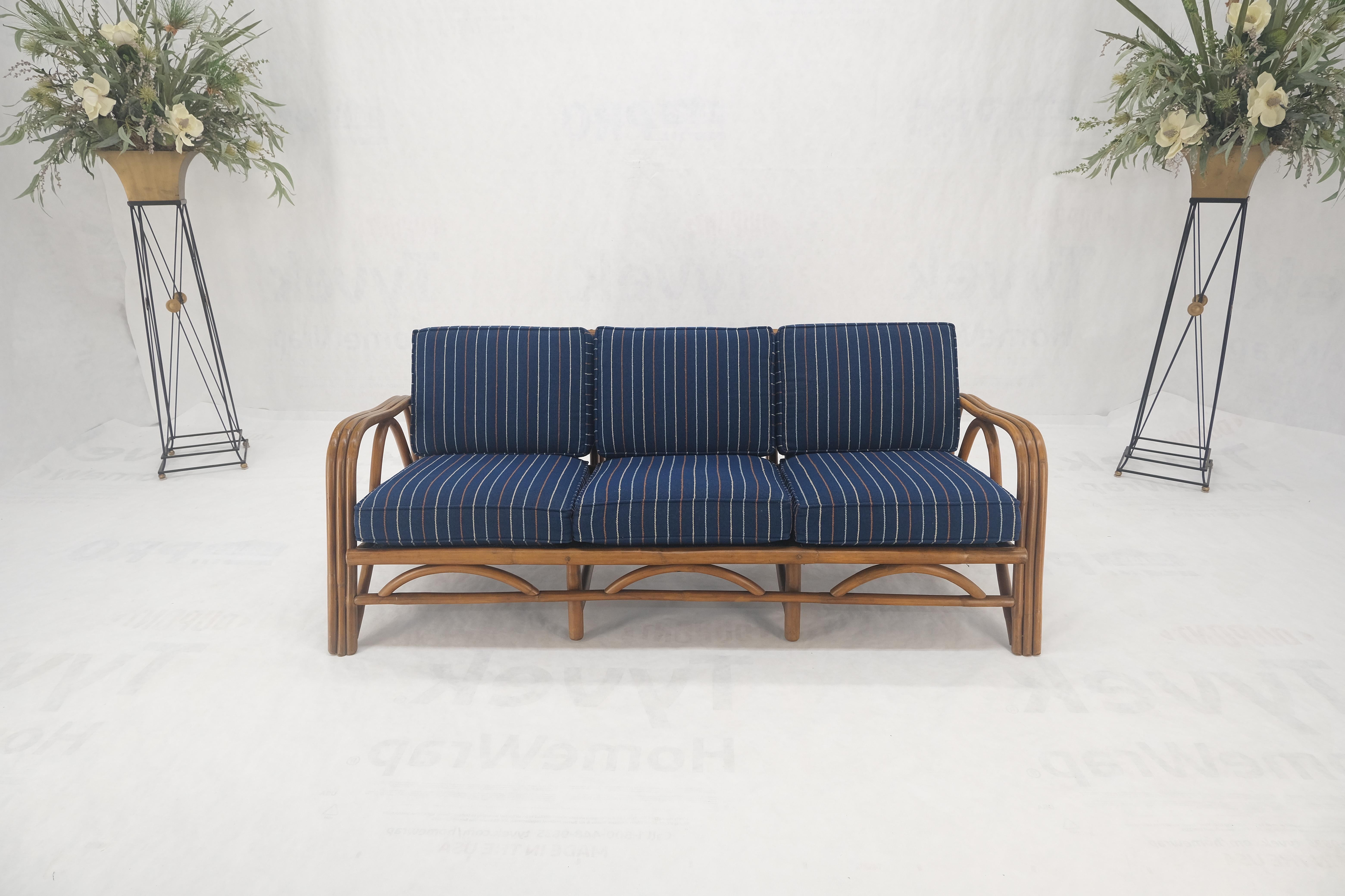American !970s Striped Blue Upholstery Bamboo Frame Mid Century Modern Sofa MINT! For Sale