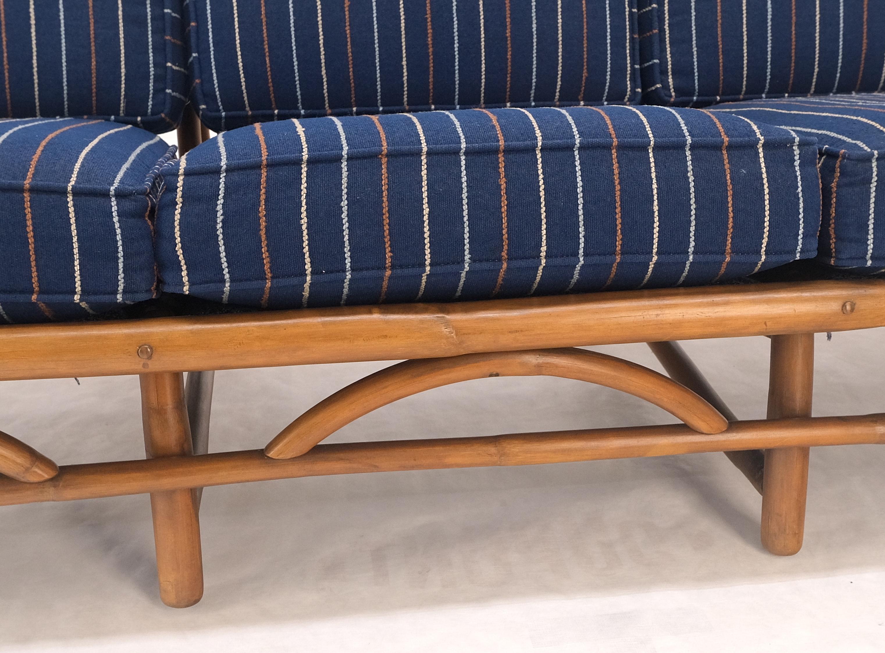 20th Century !970s Striped Blue Upholstery Bamboo Frame Mid Century Modern Sofa MINT! For Sale