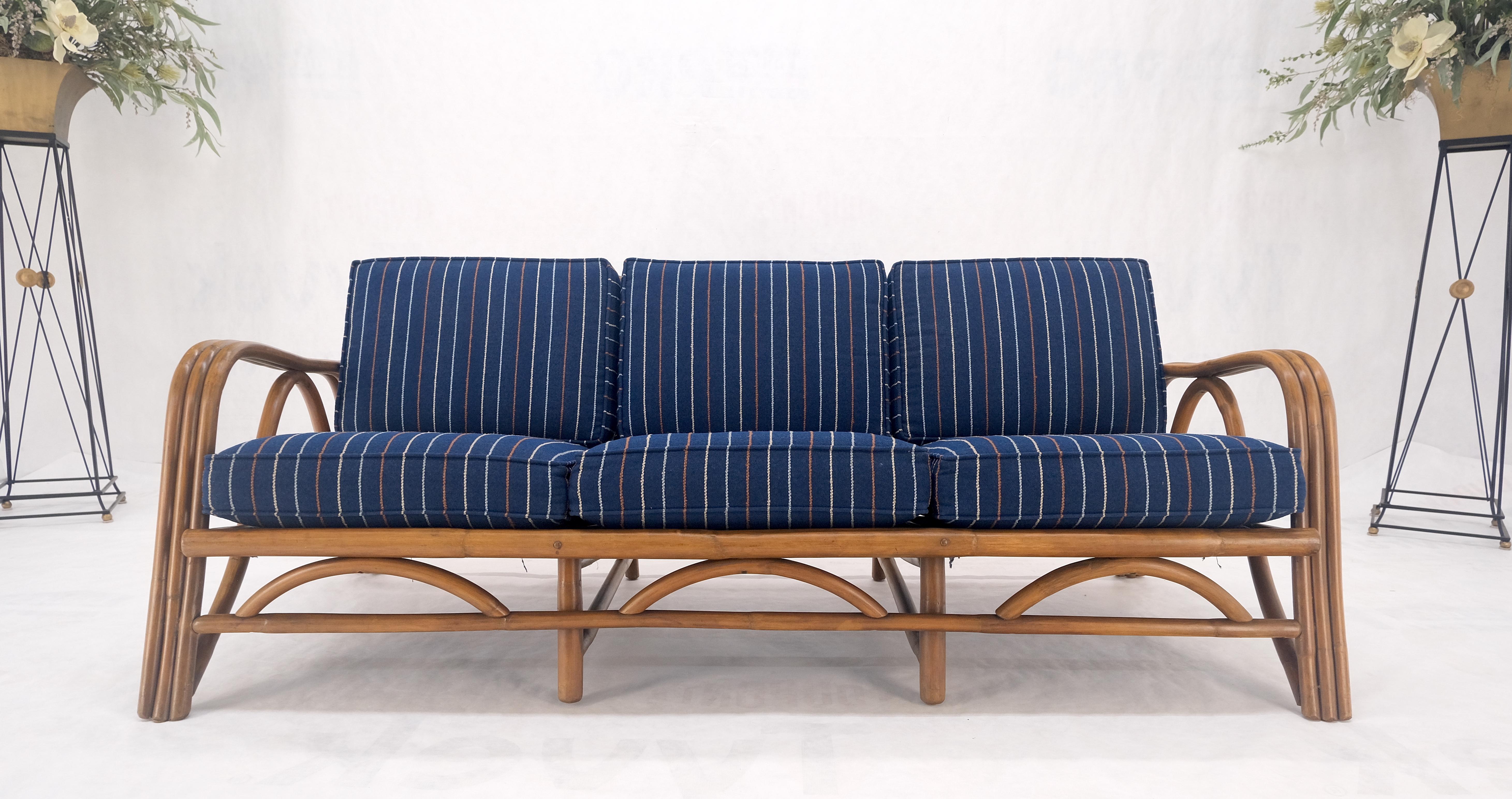 !970s Striped Blue Upholstery Bamboo Frame Mid Century Modern Sofa MINT! For Sale 1