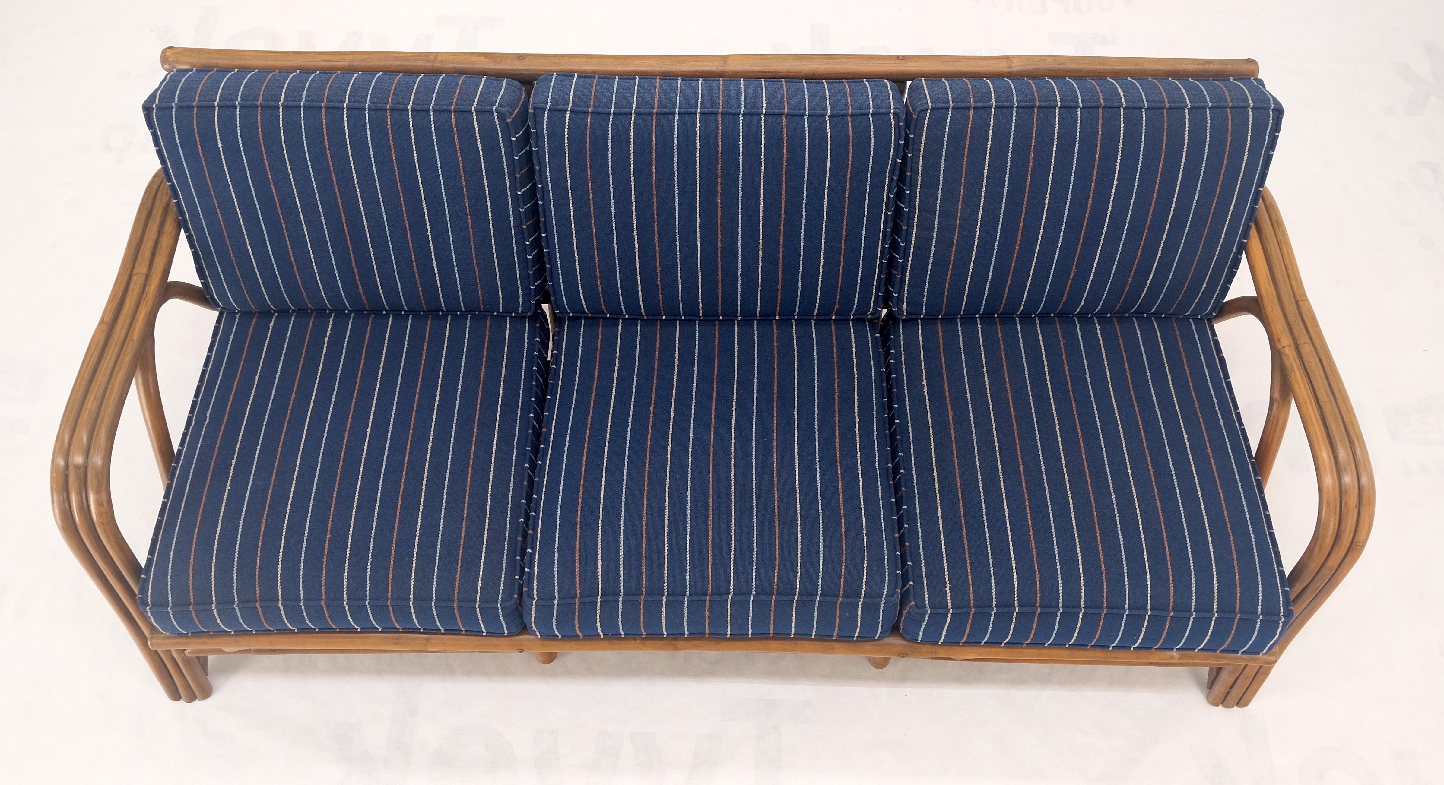 !970s Striped Blue Upholstery Bamboo Frame Mid Century Modern Sofa MINT! For Sale 3
