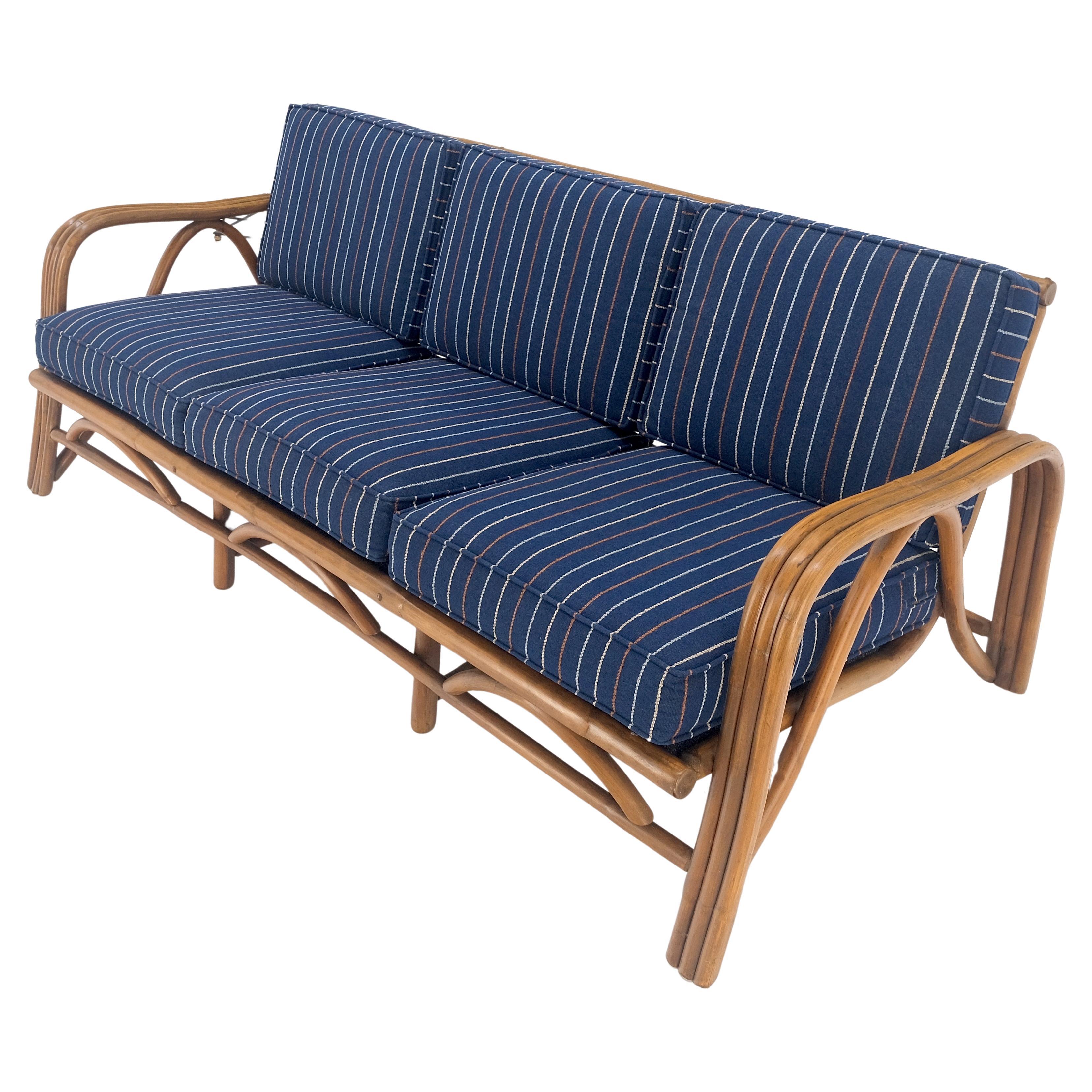 !970s Striped Blue Upholstery Bamboo Frame Mid Century Modern Sofa MINT! For Sale