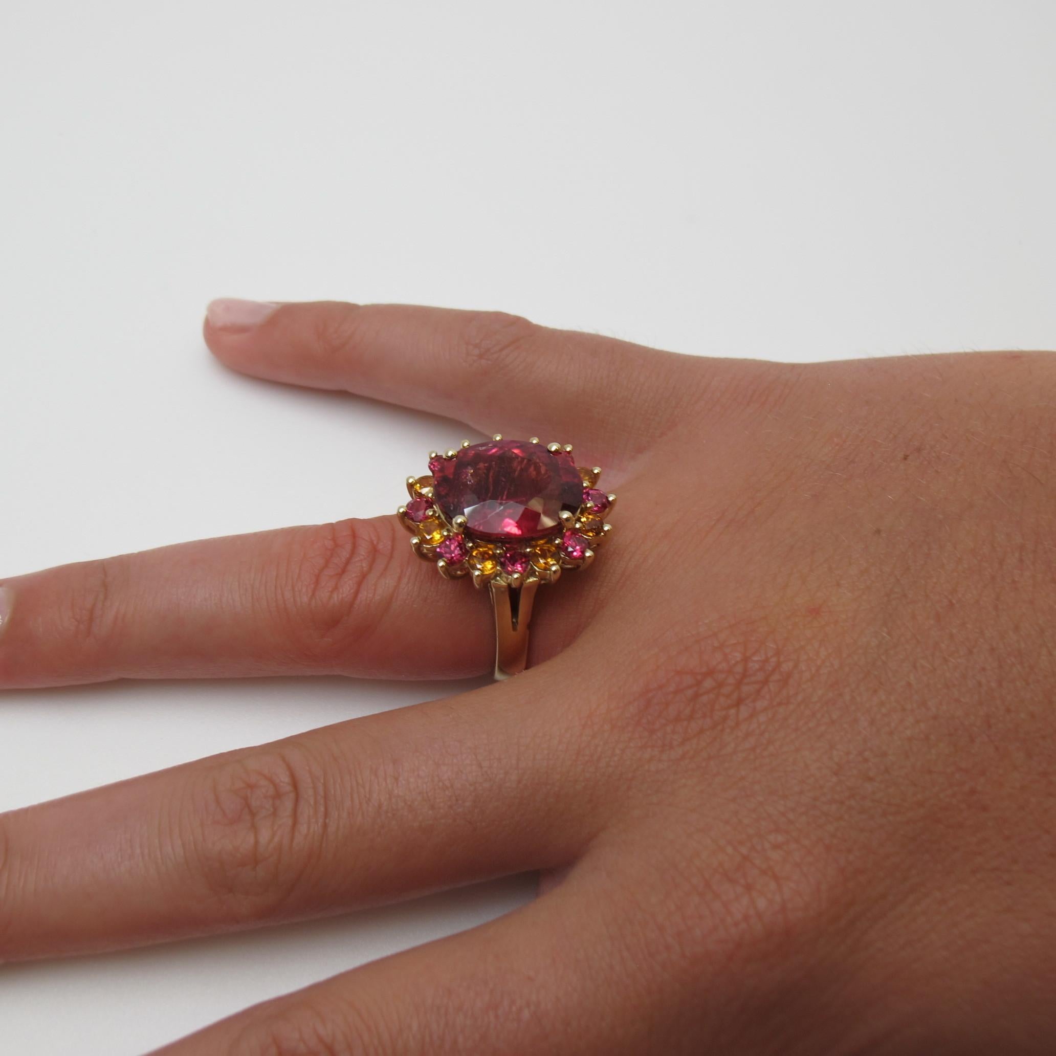 Oval Cut 9.71 Carat Pink Tourmaline with Citrine and Pink Spinel 14 Karat Gold Ring