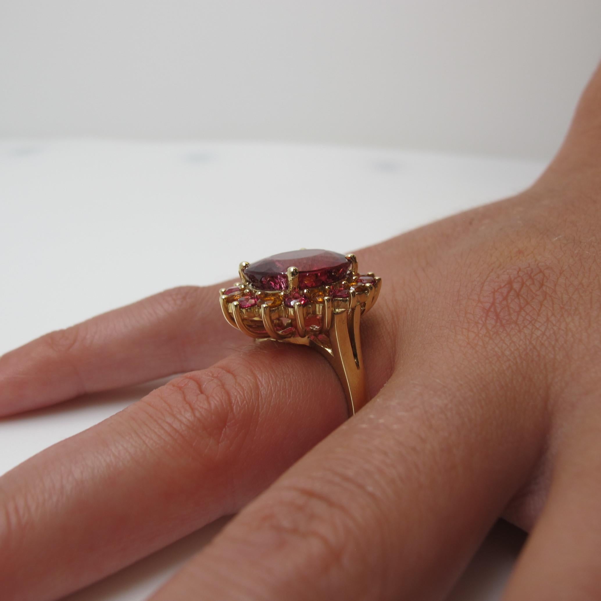 9.71 Carat Pink Tourmaline with Citrine and Pink Spinel 14 Karat Gold Ring In New Condition In Los Angeles, CA