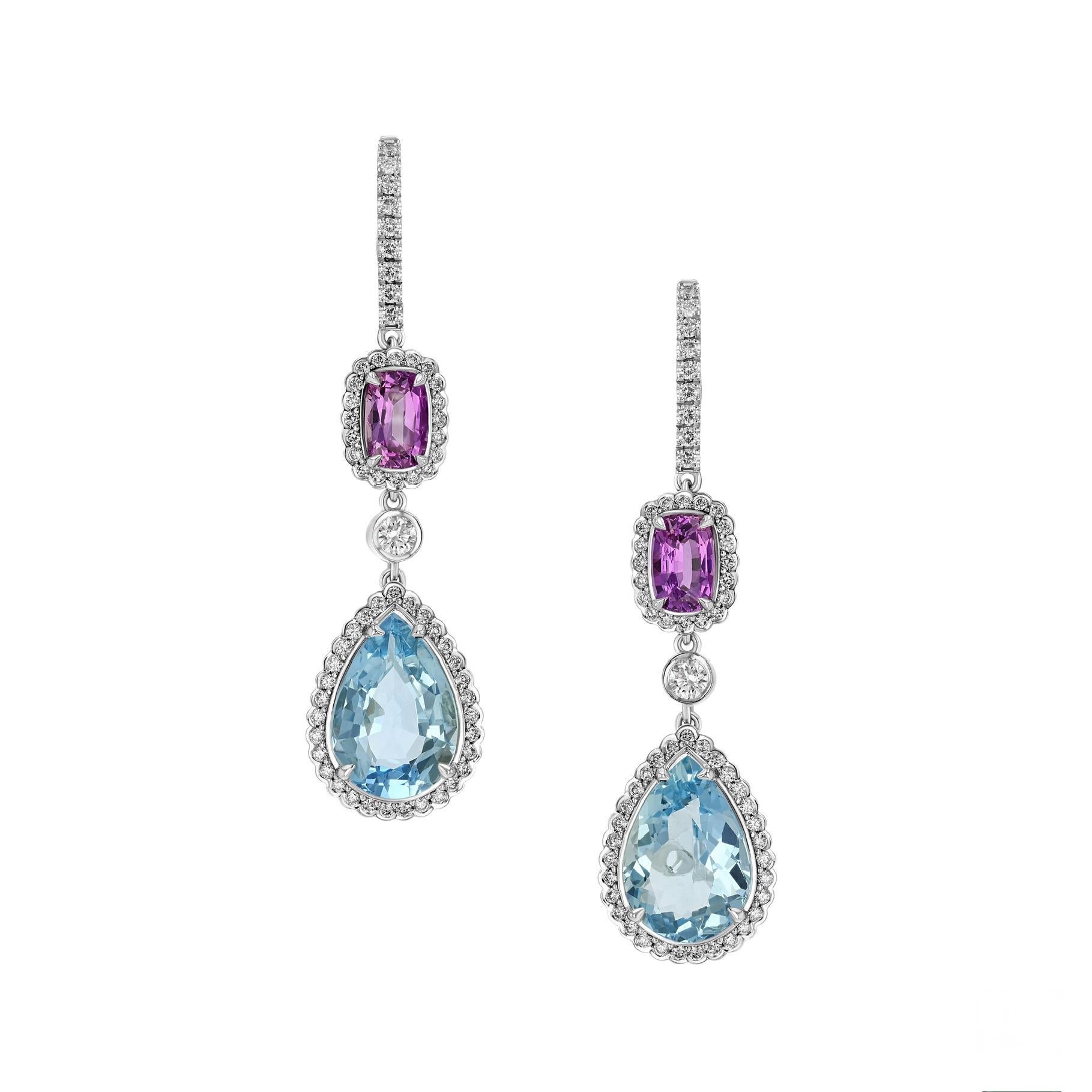 Modern 9.71ct pear-cut Aquamarine, 2.83ct Pink Sapphire, 1.32ct Diamond, 18K earrings. For Sale