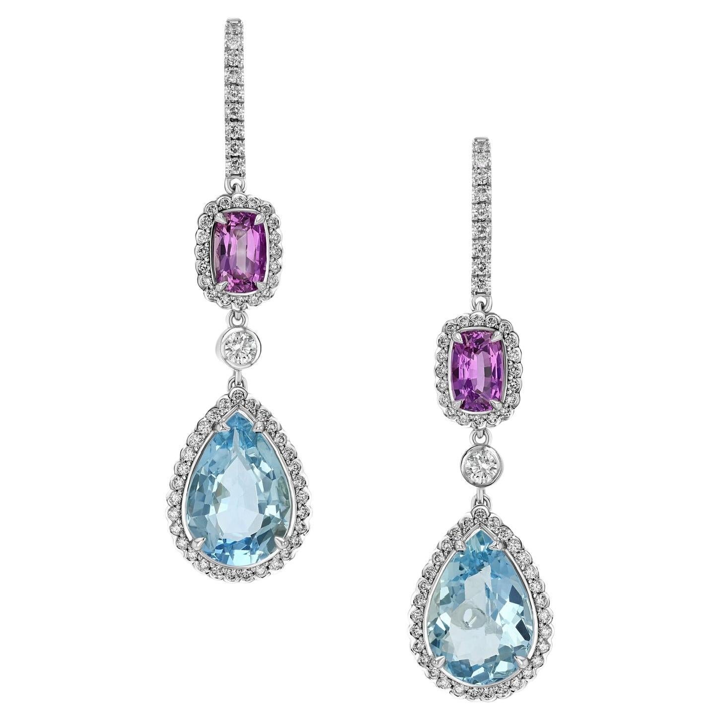 9.71ct pear-cut Aquamarine, 2.83ct Pink Sapphire, 1.32ct Diamond, 18K earrings. For Sale