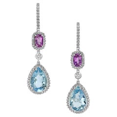 Aigue-marine taillée en poire de 9,71 ct, saphir rose de 2,83 ct, diamant de 1,32 ct, boucles d'oreilles en 18 carats.