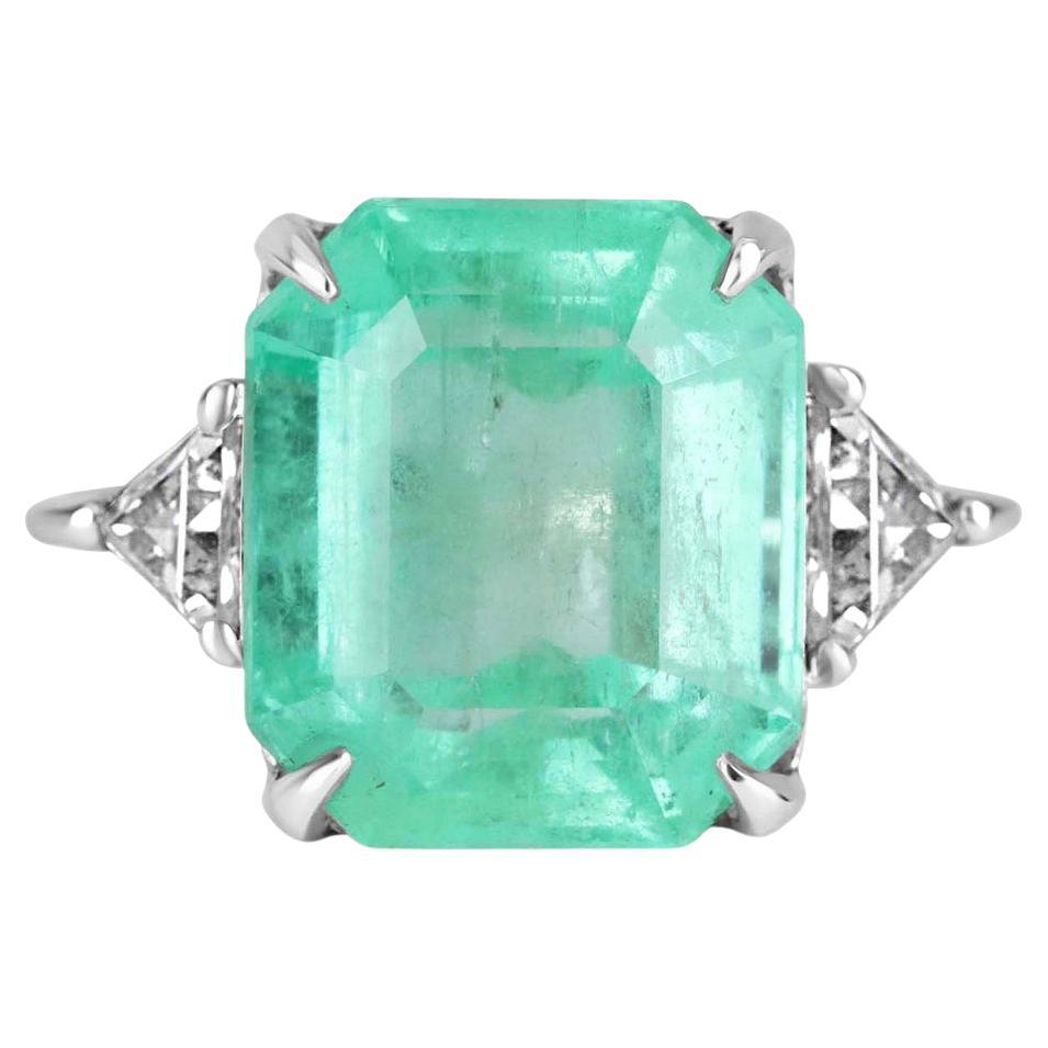 9.41tcw Big Classic Three Stone Emerald & Trillion Diamond Anniversary Ring 18K For Sale