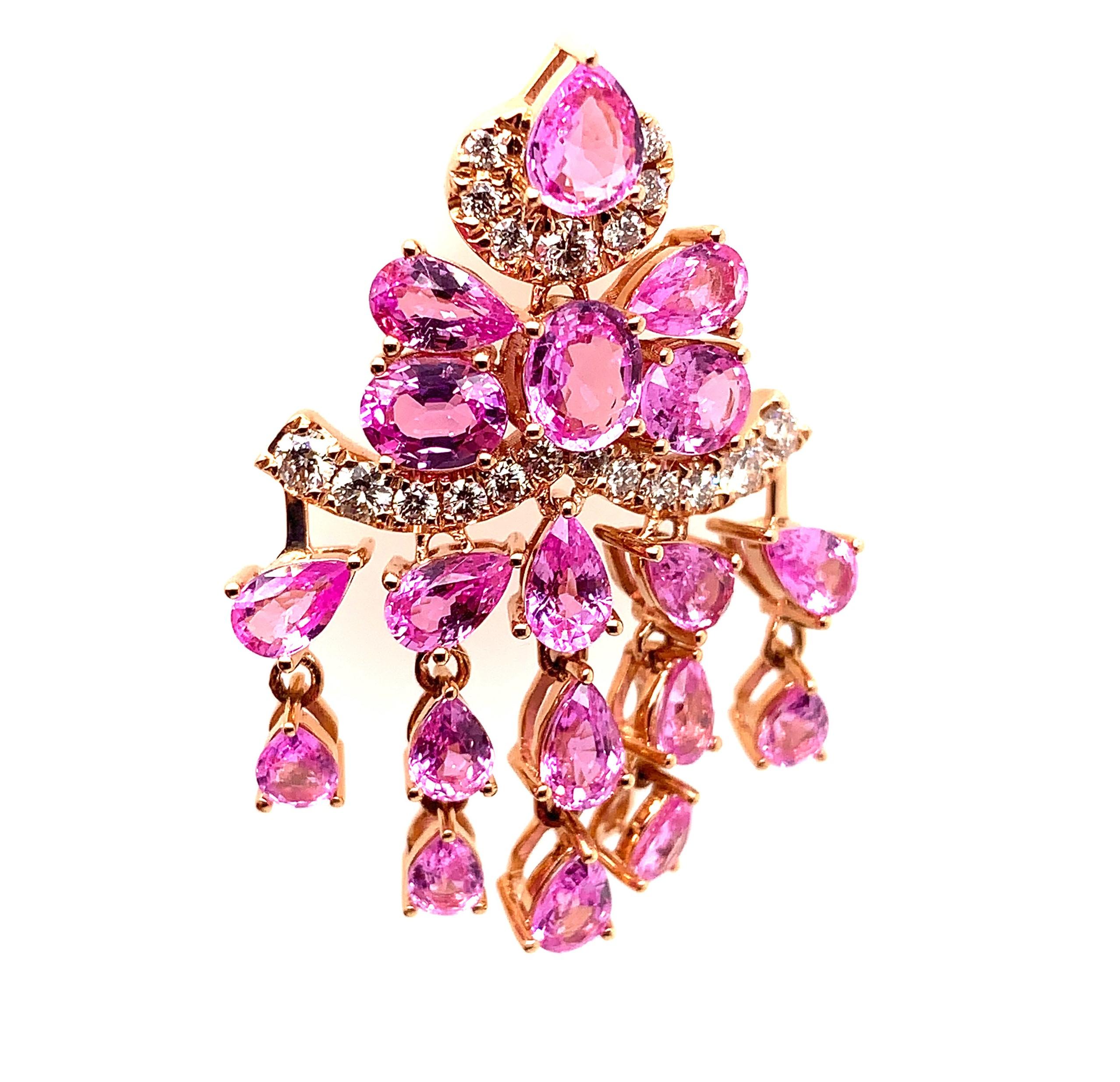 Contemporary 9.725 Carat Pink Sapphire Earring in 18 Karat Rose Gold with Diamonds For Sale