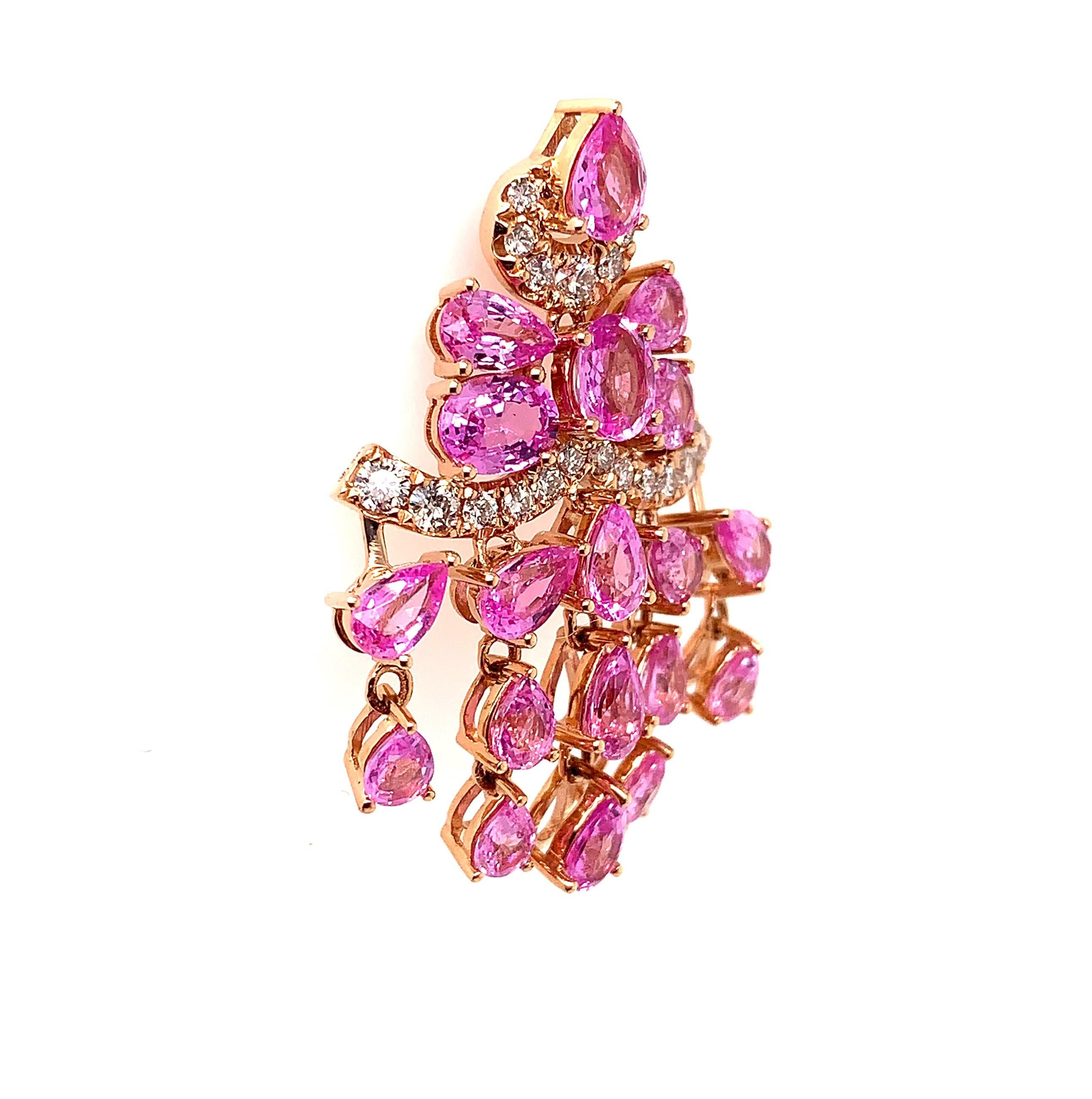 Pear Cut 9.725 Carat Pink Sapphire Earring in 18 Karat Rose Gold with Diamonds For Sale