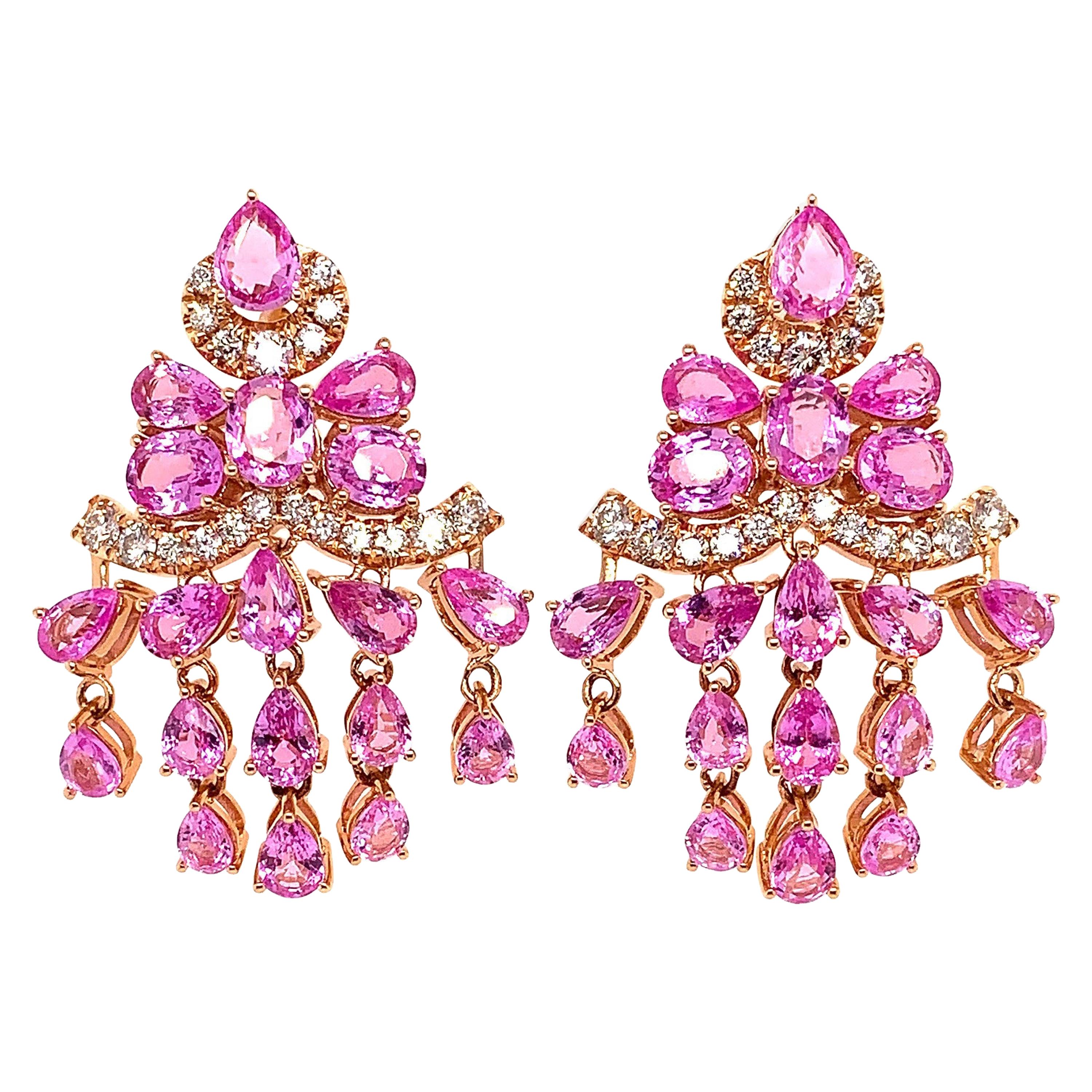 9.725 Carat Pink Sapphire Earring in 18 Karat Rose Gold with Diamonds For Sale